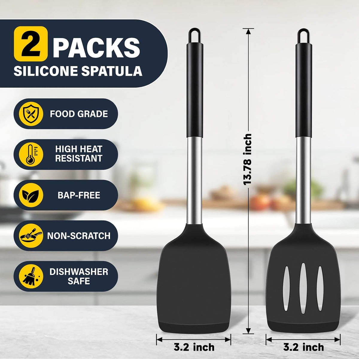2 Pack Silicone Spatula Set, Solid & Slotted Turner for Non-Stick Pans, High Heat Resistant Silicone Spatula for Cooking, BPA-Free Stainless Steel Cooking Utensils for Fish, Eggs, Pancakes, Black