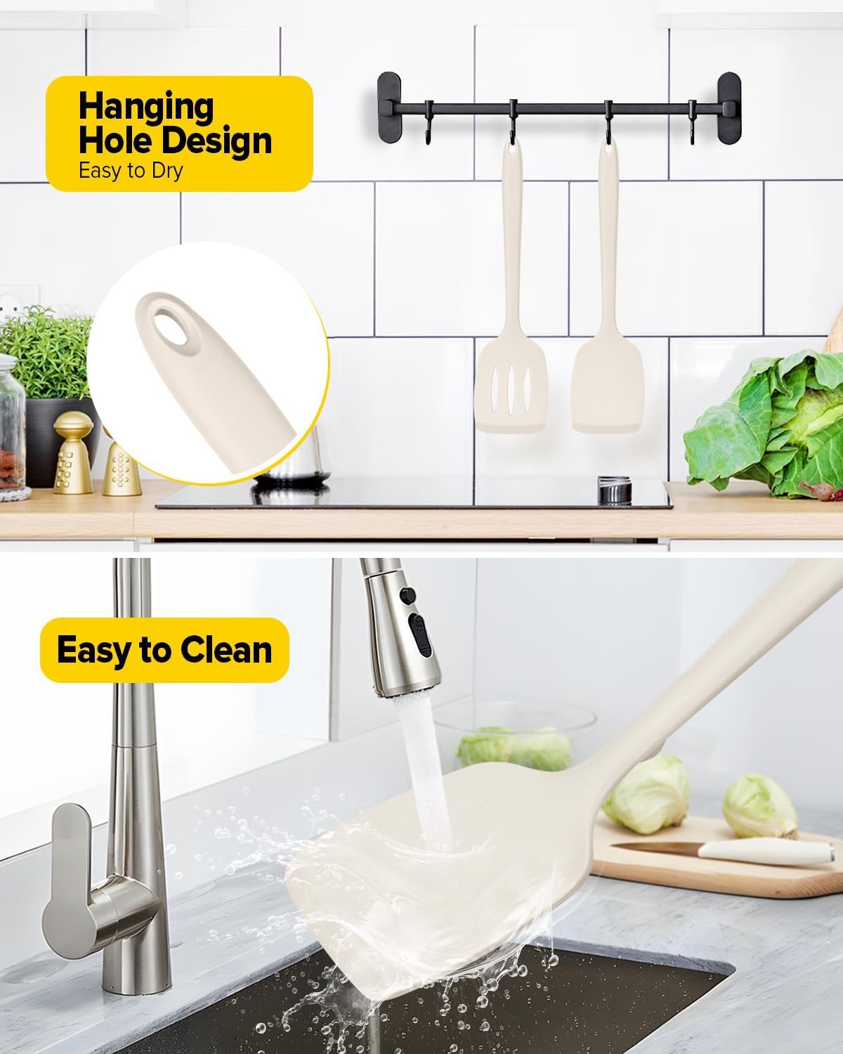 Pack of 2 Silicone Spatula Turners, Non Stick Slotted Kitchen Spatula Set, Heat Resistant BPA Free Kitchen Utensils, One-Piece Design, Suitable for Flipping Fish, Eggs, Steak, Pancakes(KHAKI)