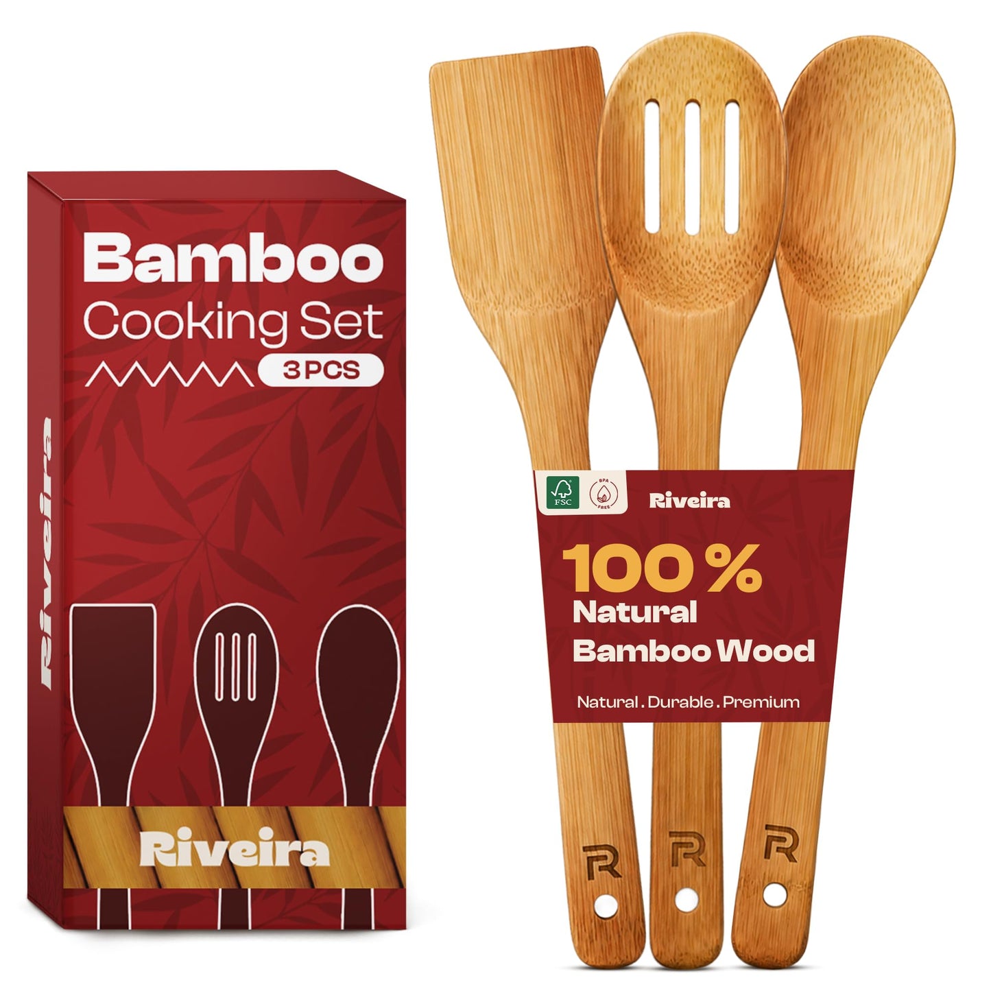 Riveira Dark Bamboo Wooden Spoons for Cooking 6-Piece, Apartment Essentials Wood Spatula Spoon Nonstick Kitchen Utensil Set Premium Quality Housewarming Gifts for Everyday Use