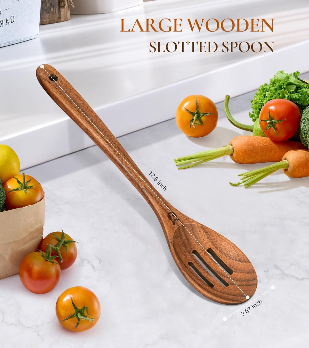 Wooden Slotted Spoons for Cooking, Teak Wooden Kitchen Utensils for Serving