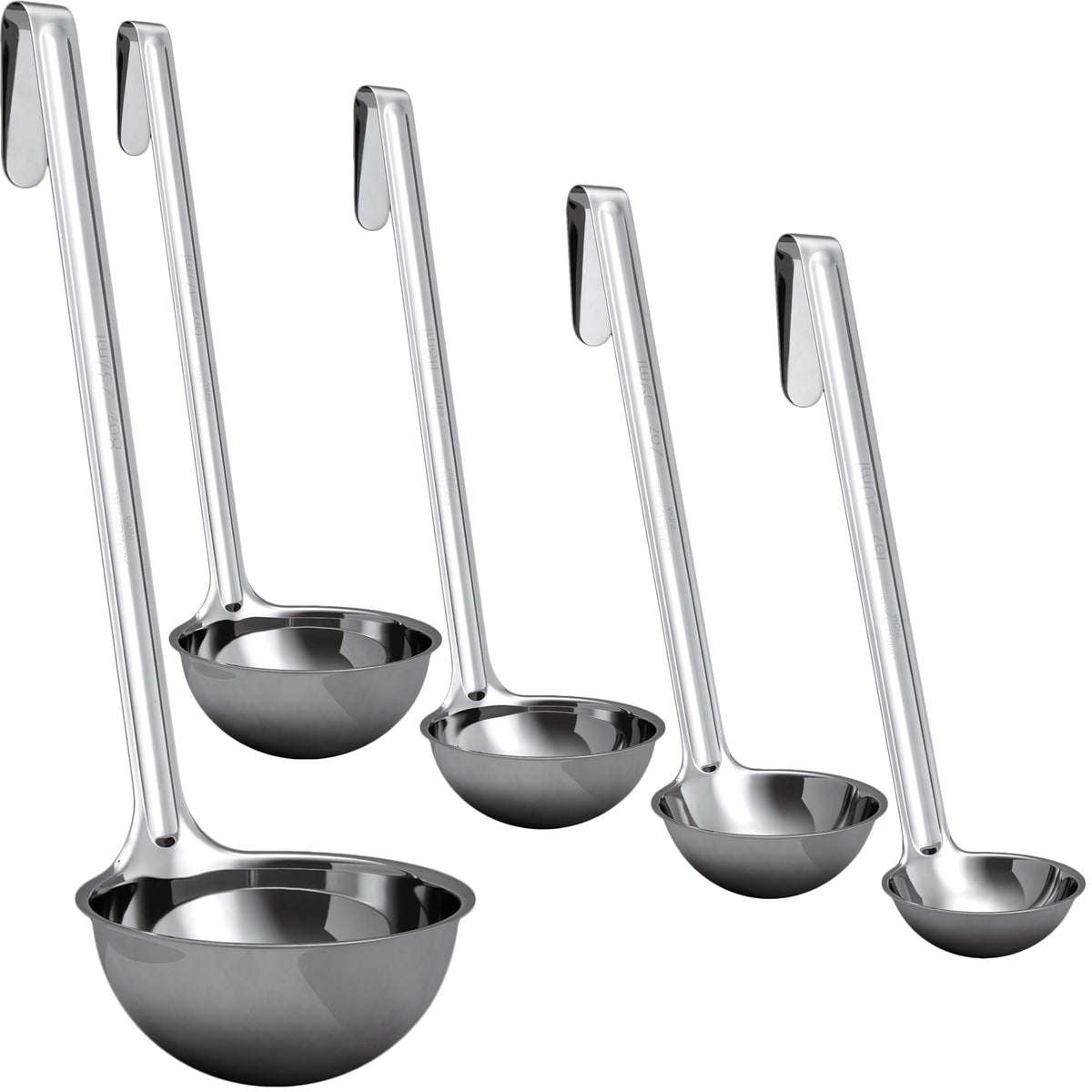 Sturdy, Ergonomic Combo Sizes Ladles 5 Pk. 1 2 4 6 8 Oz Stainless Steel Ladle with Long Handles. Best Kitchen Supplies for Stirring, Portioning and Serving Soup, Chili and Stew in Restaurants and Home