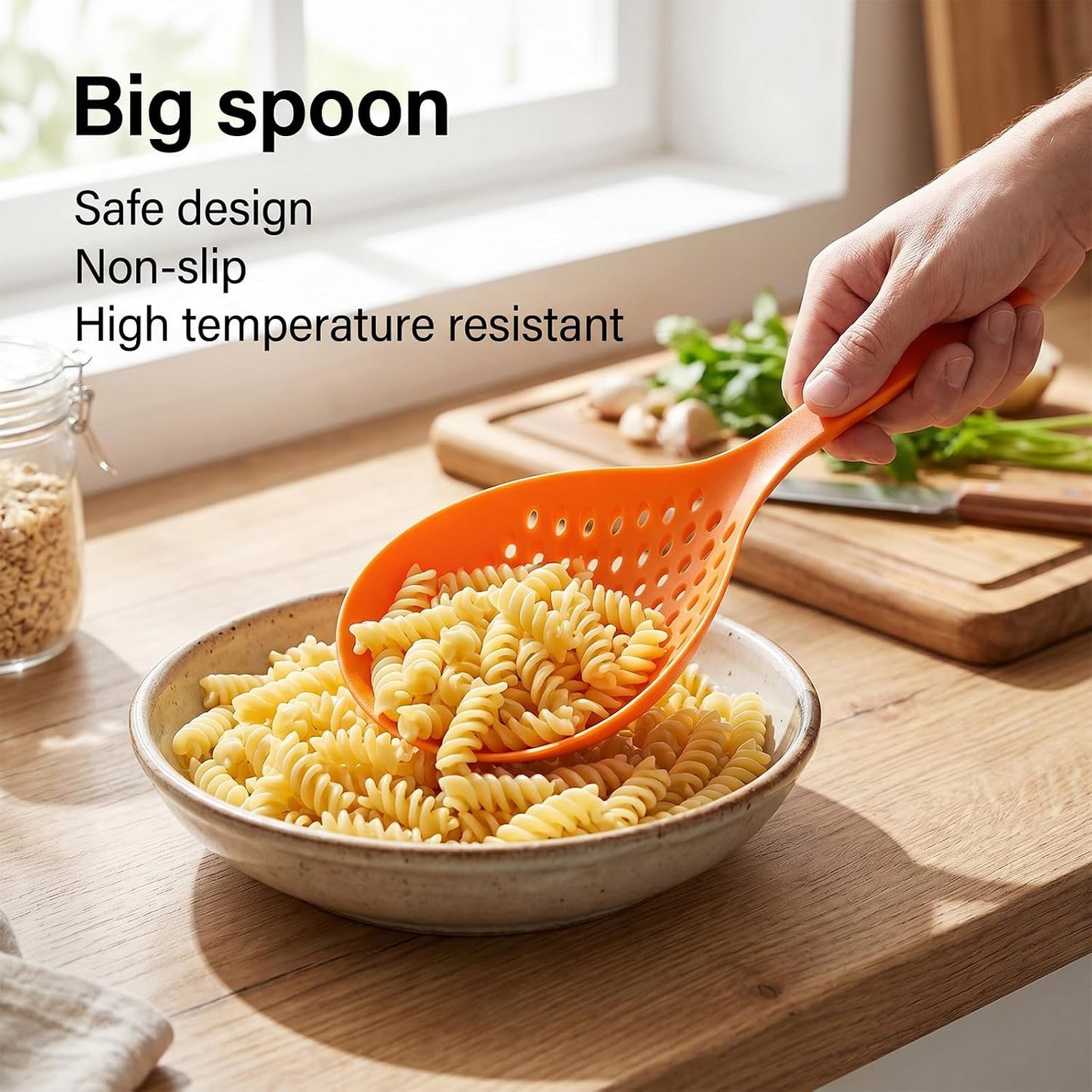 4 Pcs Scoop Colander Strainer Spoon, Big Plastic Slotted Spoon Heat Resistant Nylon Kitchen Utensils for Cooking Pasta Vegetables Dumplings, Large Orange and White