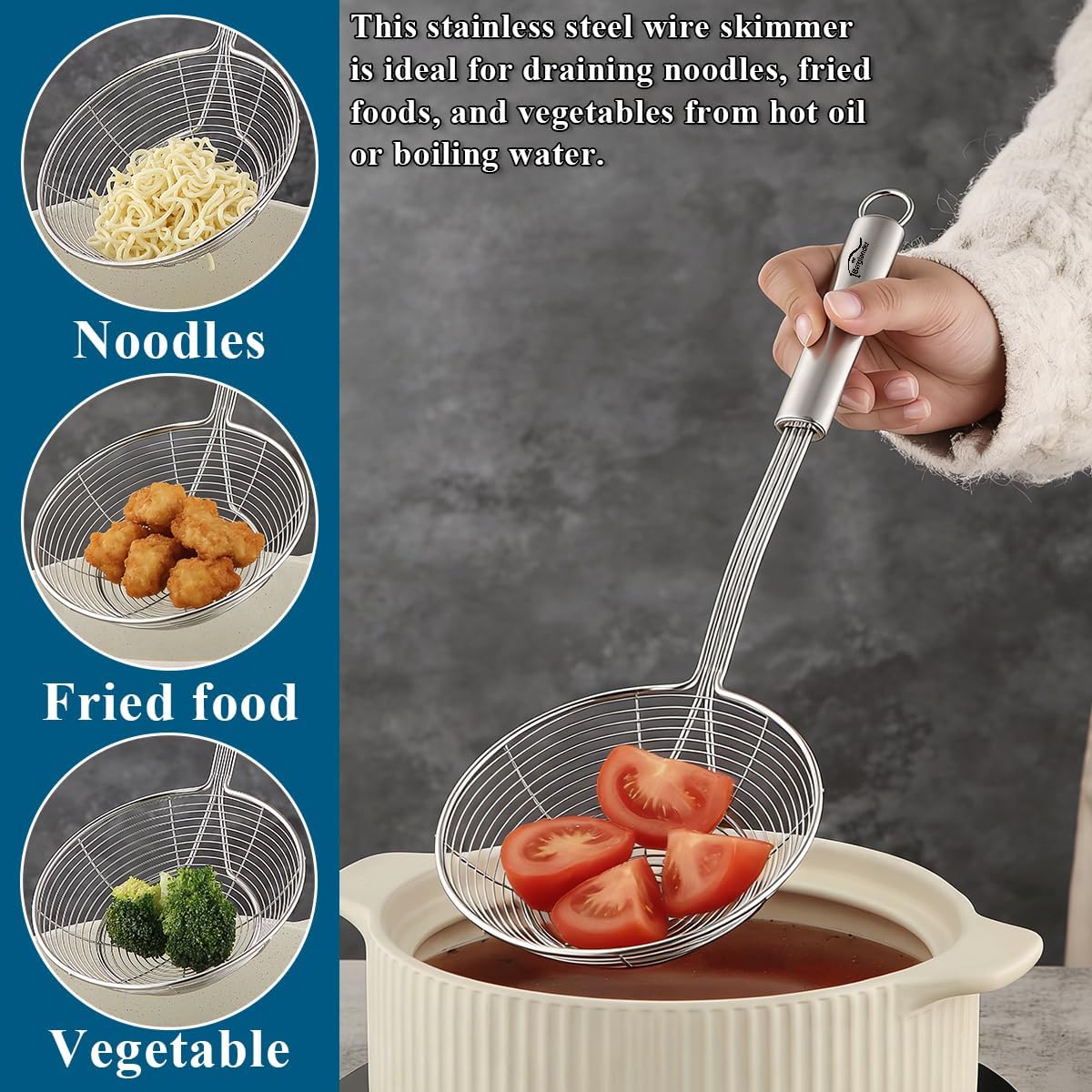 Berglander Spider Strainer Skimmer Ladle 2 Pieces, Stainless Steel Kitchen Skimmer Slotted Spoons for for Straining Pasta/Cooking/Frying, Kitchen Utensils Wire Strainer Pasta Spoon