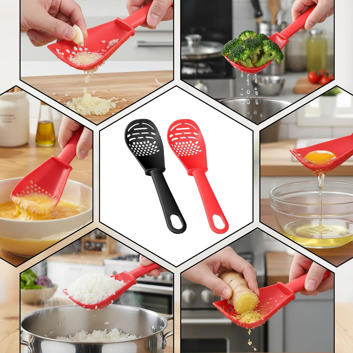 2 Pcs 6-in-1 Multifunctional Kitchen Cooking Spoon Heat Resistant Kitchen Utensils Slotted Spoon Tool for Cooking Mashing Draining Grating Separating