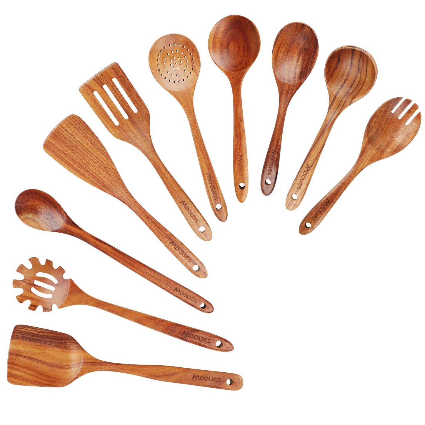 Mooues Wooden Kitchen Utensil Set, 9 Piece Natural Teak with Spoon Rest