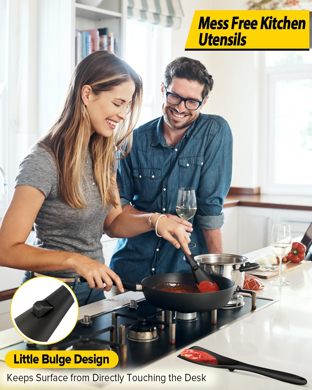 Pack of 2 Cooking Spoons for Non Stick Cookware, Multifunction Spatula Spoon BPA-Free, One-Piece Design, Suitable for Scooping, Scraping, Serving and Mixing(BLACK)