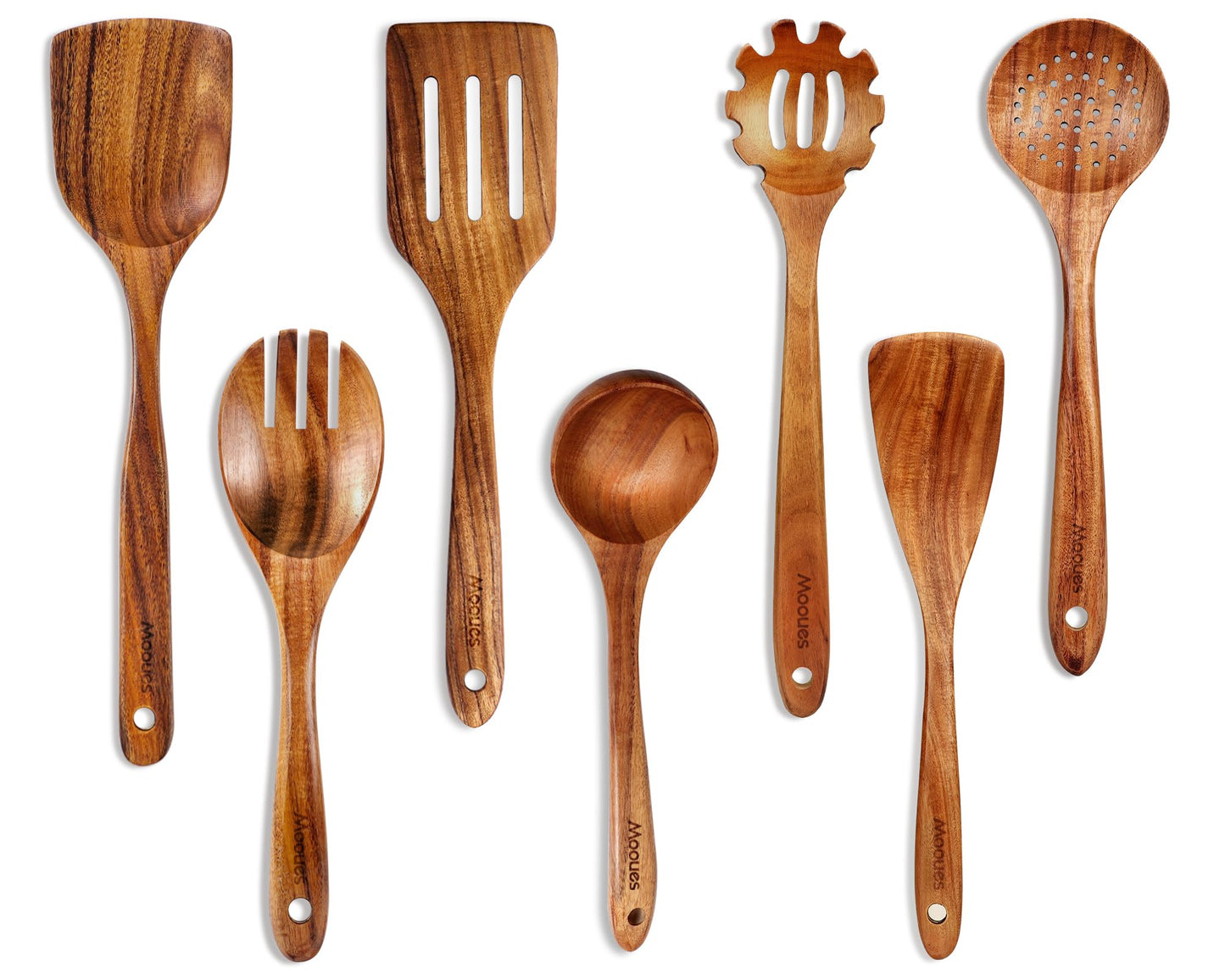 Mooues Wooden Kitchen Utensil Set, 9 Piece Natural Teak with Spoon Rest