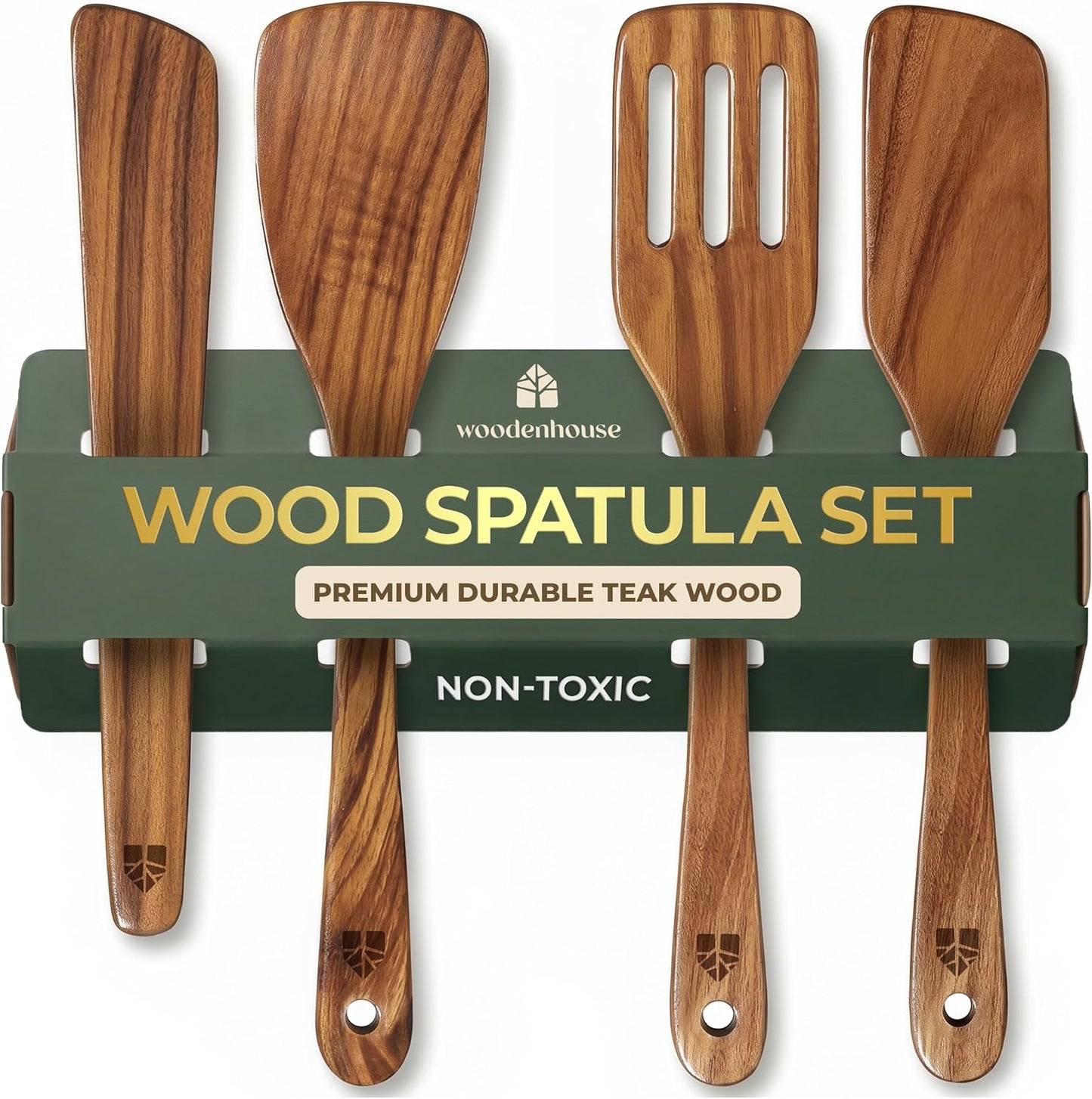 Wooden Spatula for Cooking, Teak Wood Set of 4 for Non Stick Frying Pan