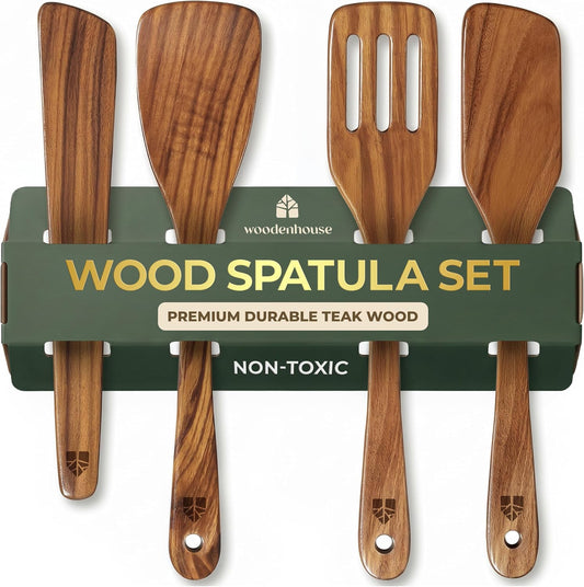 Wooden Spatula for Cooking, Teak Wood Set of 4 for Non Stick Frying Pan