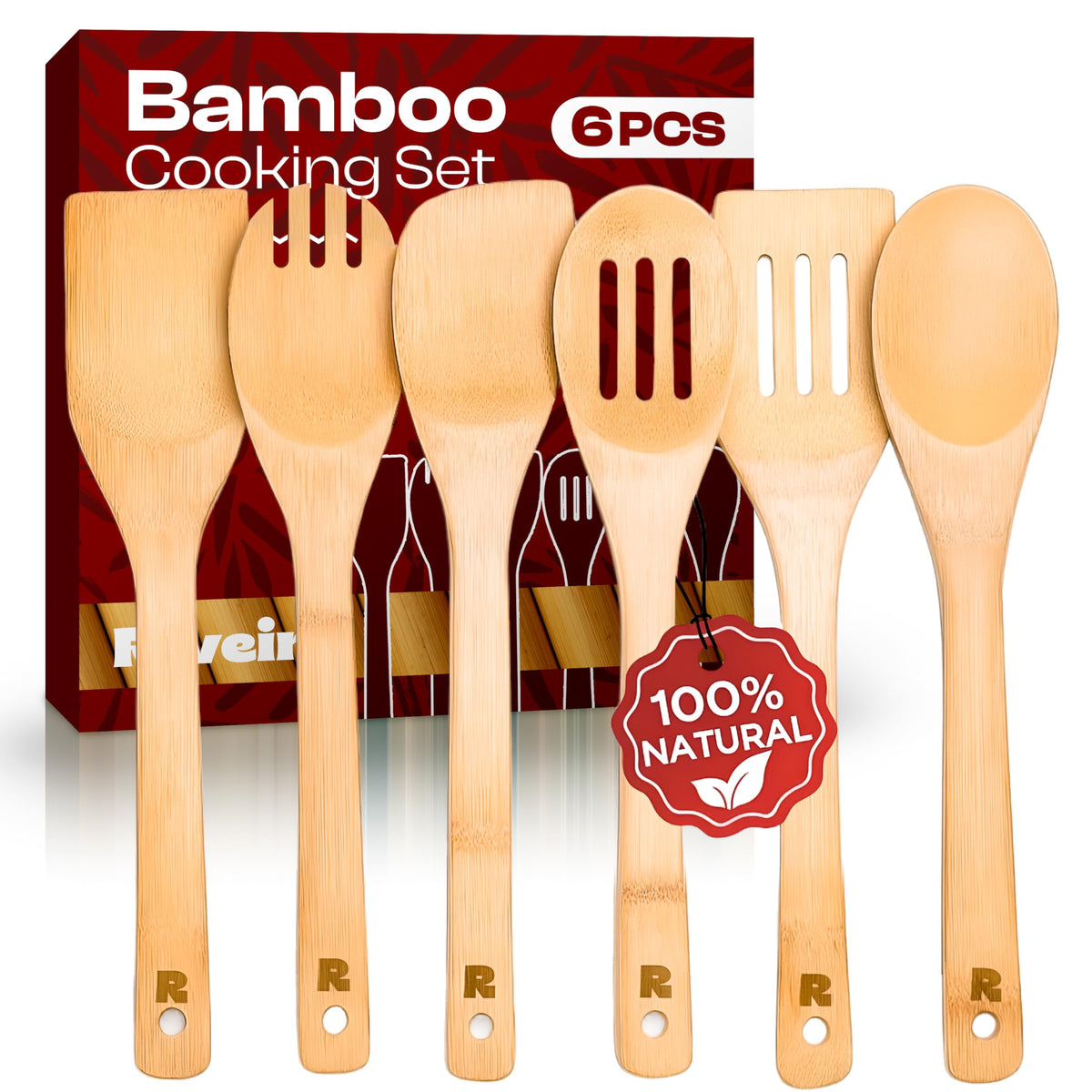 Riveira Dark Bamboo Wooden Spoons for Cooking 6-Piece, Apartment Essentials Wood Spatula Spoon Nonstick Kitchen Utensil Set Premium Quality Housewarming Gifts for Everyday Use