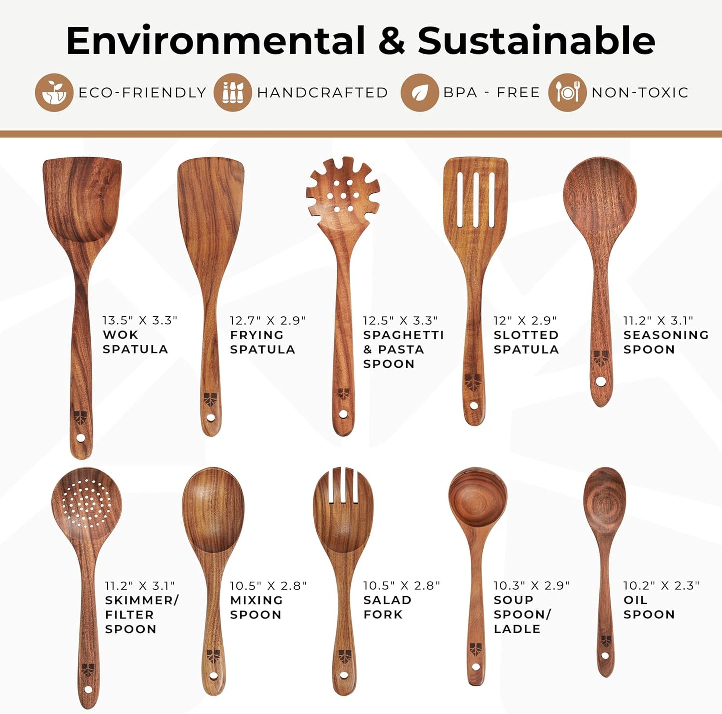 Wooden Spoons for Cooking, 10 Pcs Teak Wood Utensil Set for Nonstick