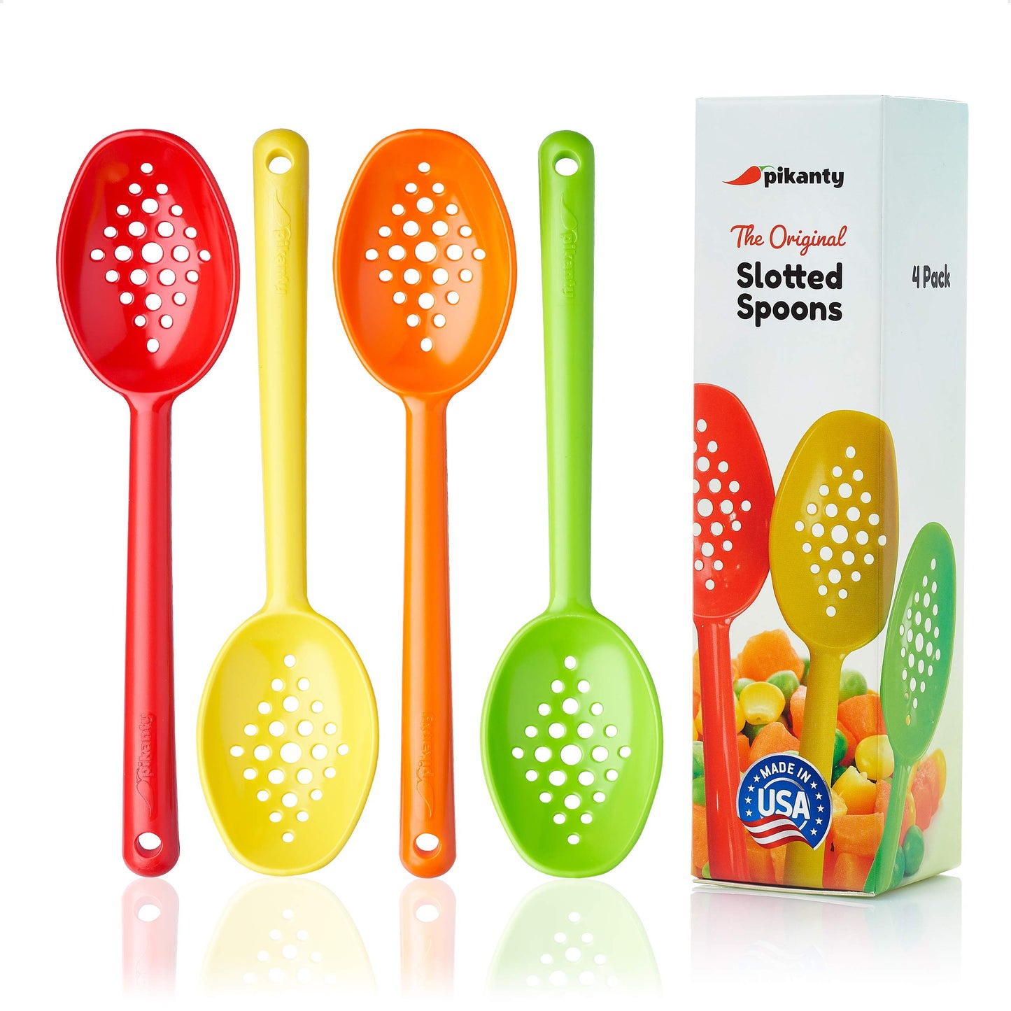Olive and Pickle Spoon Set of 4, 7-Inch Small Slotted Serving Utensils for Jars, Teal and Black, Perfect for Olives, Pickles, Capers, Pepperoncini, Cherries, Dishwasher Safe, Made in USA by Pikanty