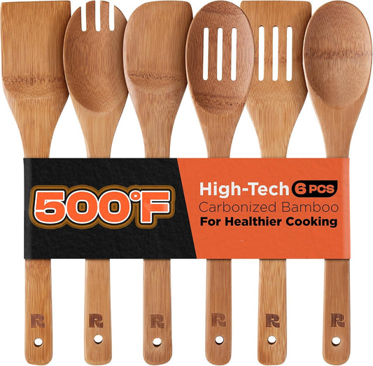Riveira Dark Bamboo Wooden Spoons for Cooking 6-Piece, Apartment Essentials Wood Spatula Spoon Nonstick Kitchen Utensil Set Premium Quality Housewarming Gifts for Everyday Use