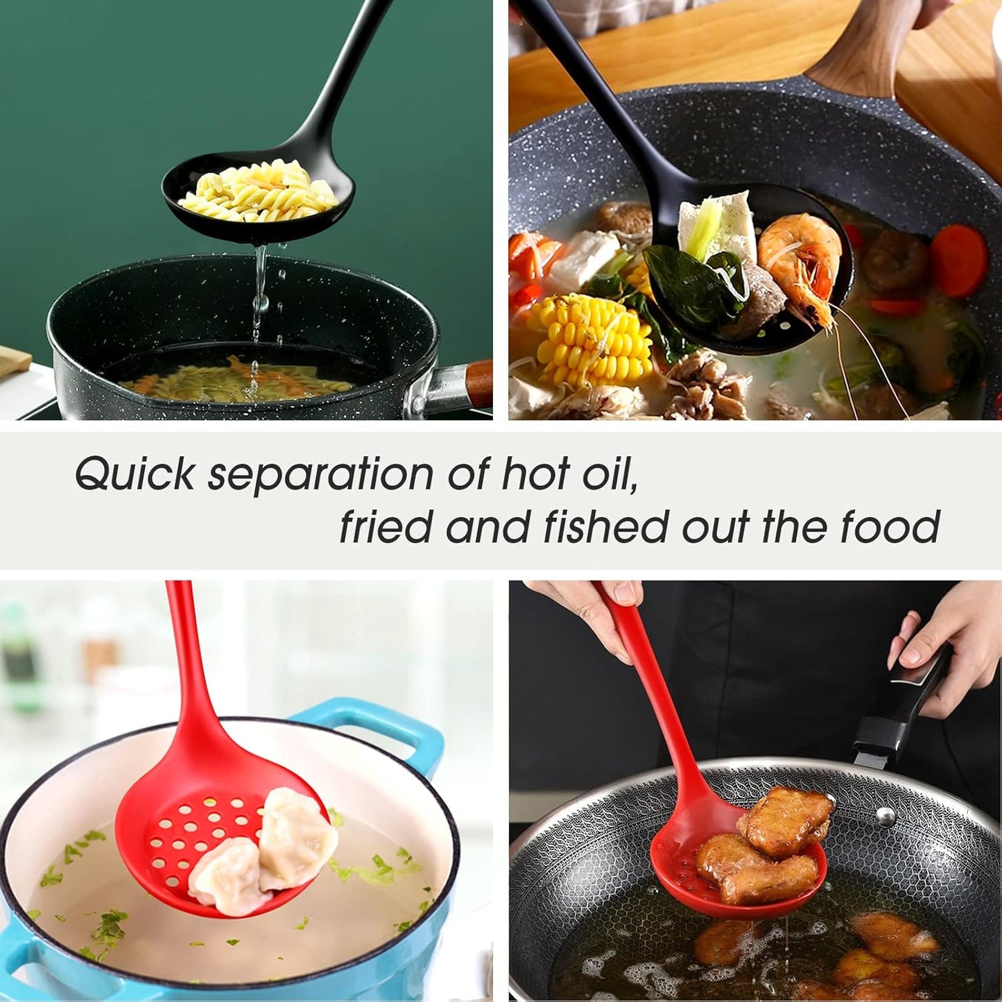 Skimmer Slotted Spoon 2PC Set, Heat Resistant 600 °F Slotted ladle Spoons For Kitchen Cooking. (Black & Red)