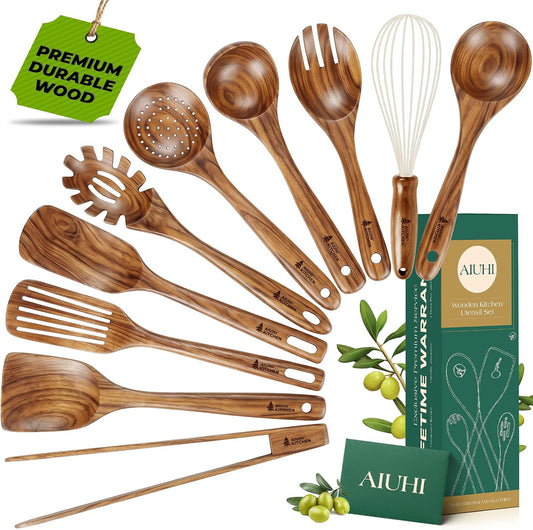 AIUHI 10Pcs Wooden Kitchen Utensils, Teak Wood Utensil Set for Kitchen, Heat-resistant Wooden Spoons for Cooking, Nonstick Wood Spatula Soup Ladle Tong Egg Whisk