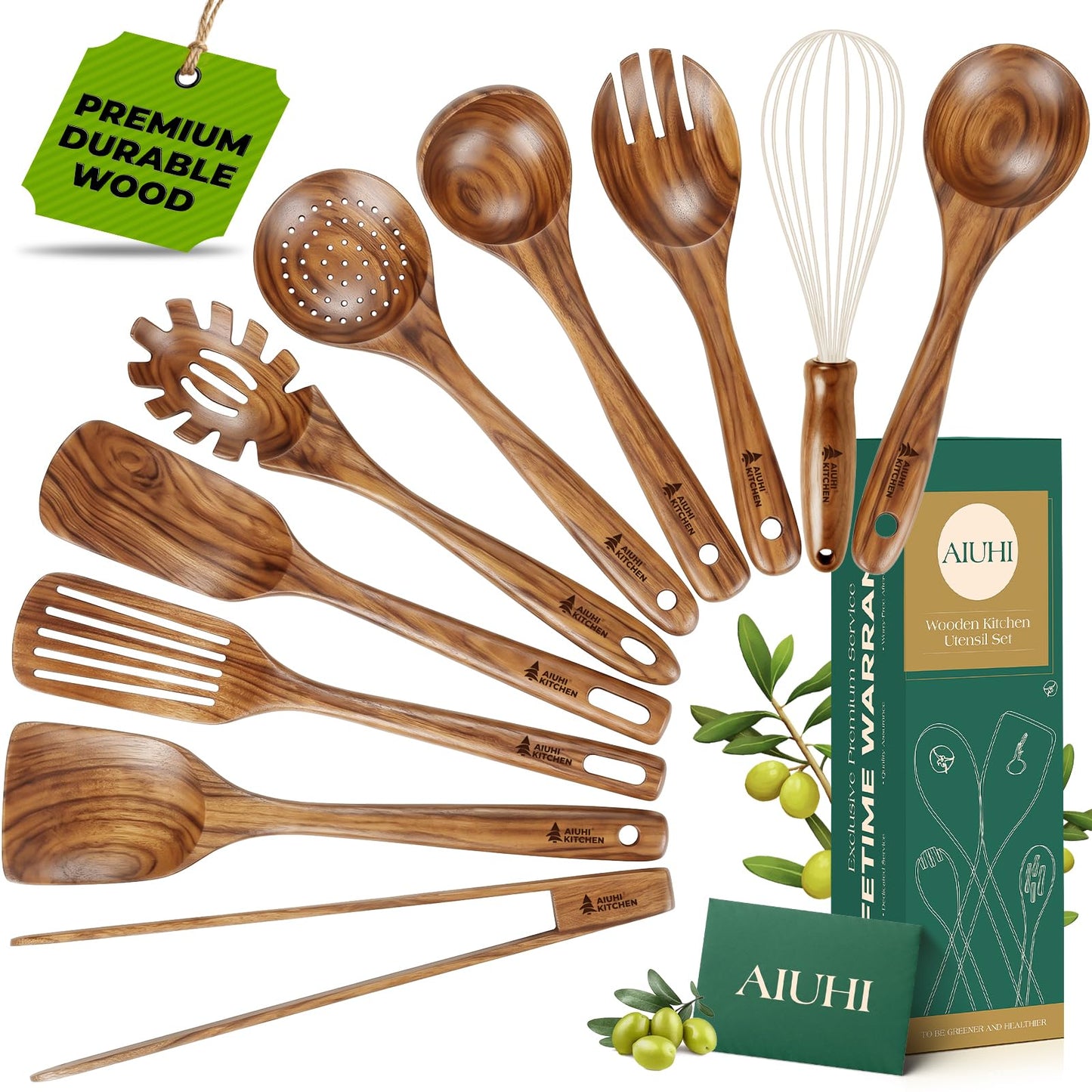 AIUHI 10Pcs Wooden Kitchen Utensils, Teak Wood Utensil Set for Kitchen, Heat-resistant Wooden Spoons for Cooking, Nonstick Wood Spatula Soup Ladle Tong Egg Whisk