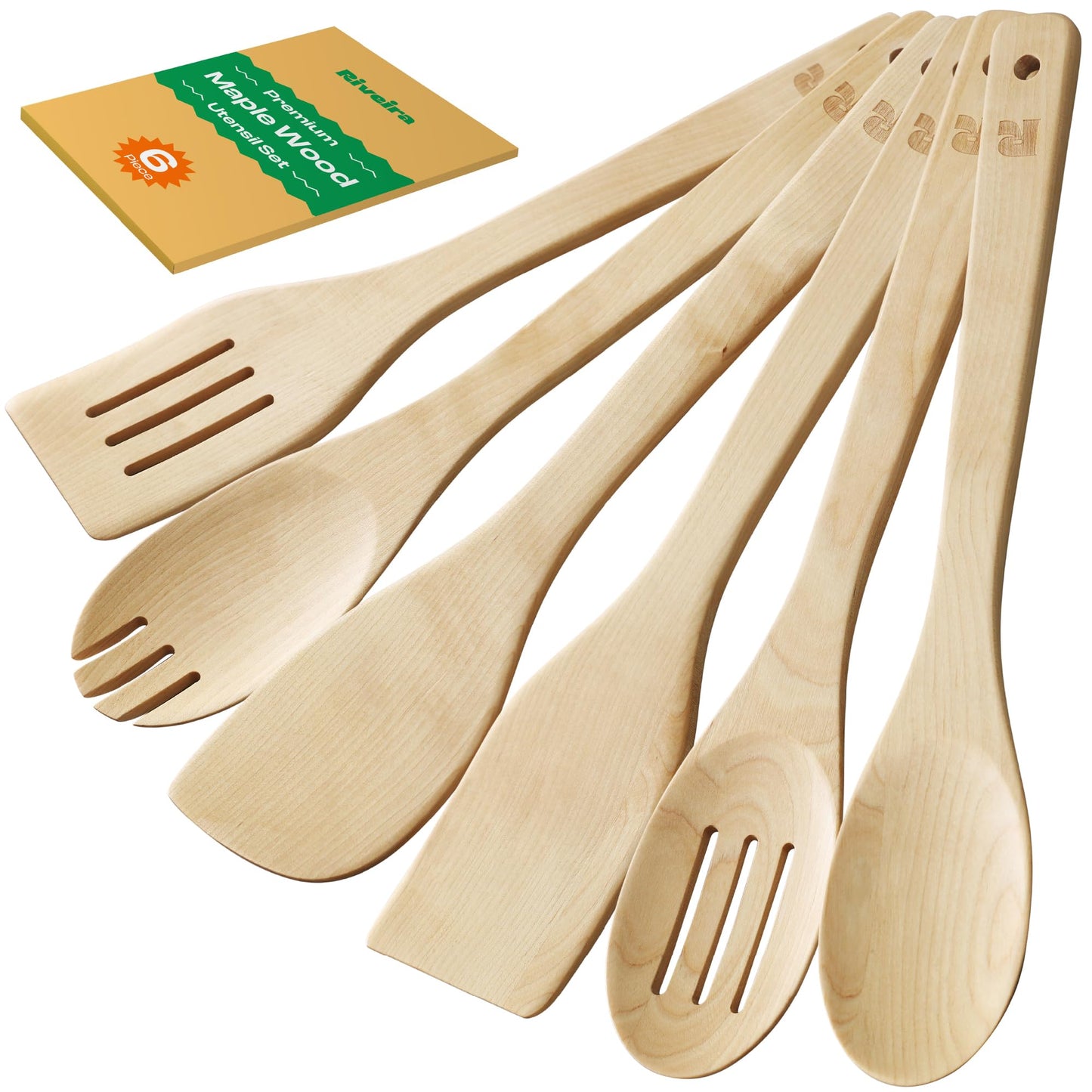 Riveira Dark Bamboo Wooden Spoons for Cooking 6-Piece, Apartment Essentials Wood Spatula Spoon Nonstick Kitchen Utensil Set Premium Quality Housewarming Gifts for Everyday Use