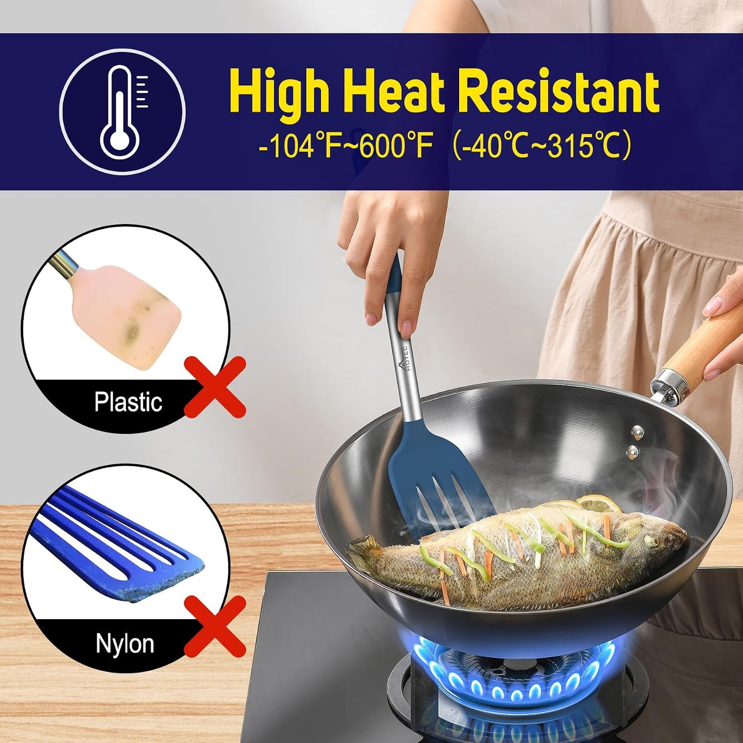 HOTEC Silicone Spatula Set of 2 Heat-Resistant 600°F & BPA-Free Kitchen SaptulaTurner with Stainless Steel Handles, Slotted & Solid Spatulas for Nonstick Cookware, 13.7 Inch, Classic Blue