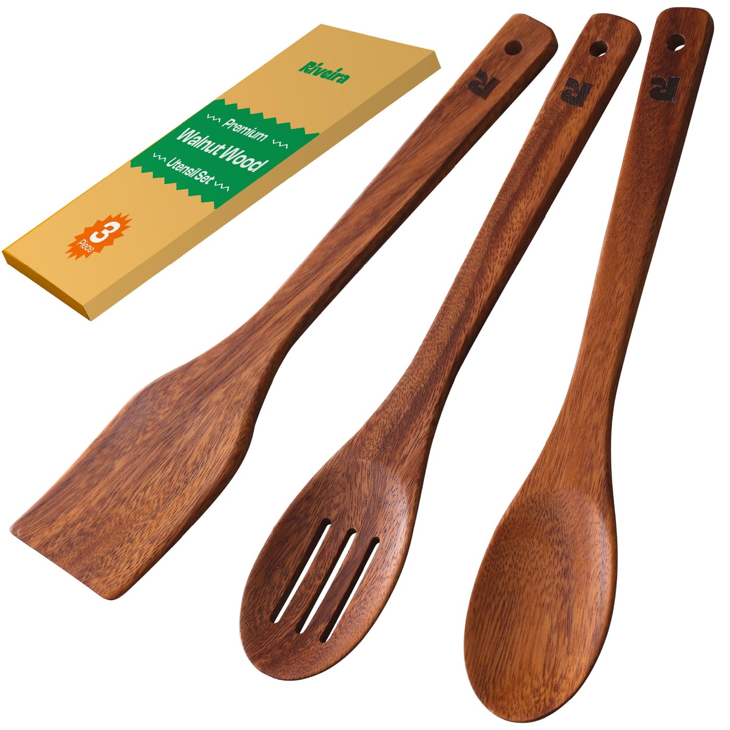 Riveira Dark Bamboo Wooden Spoons for Cooking 6-Piece, Apartment Essentials Wood Spatula Spoon Nonstick Kitchen Utensil Set Premium Quality Housewarming Gifts for Everyday Use