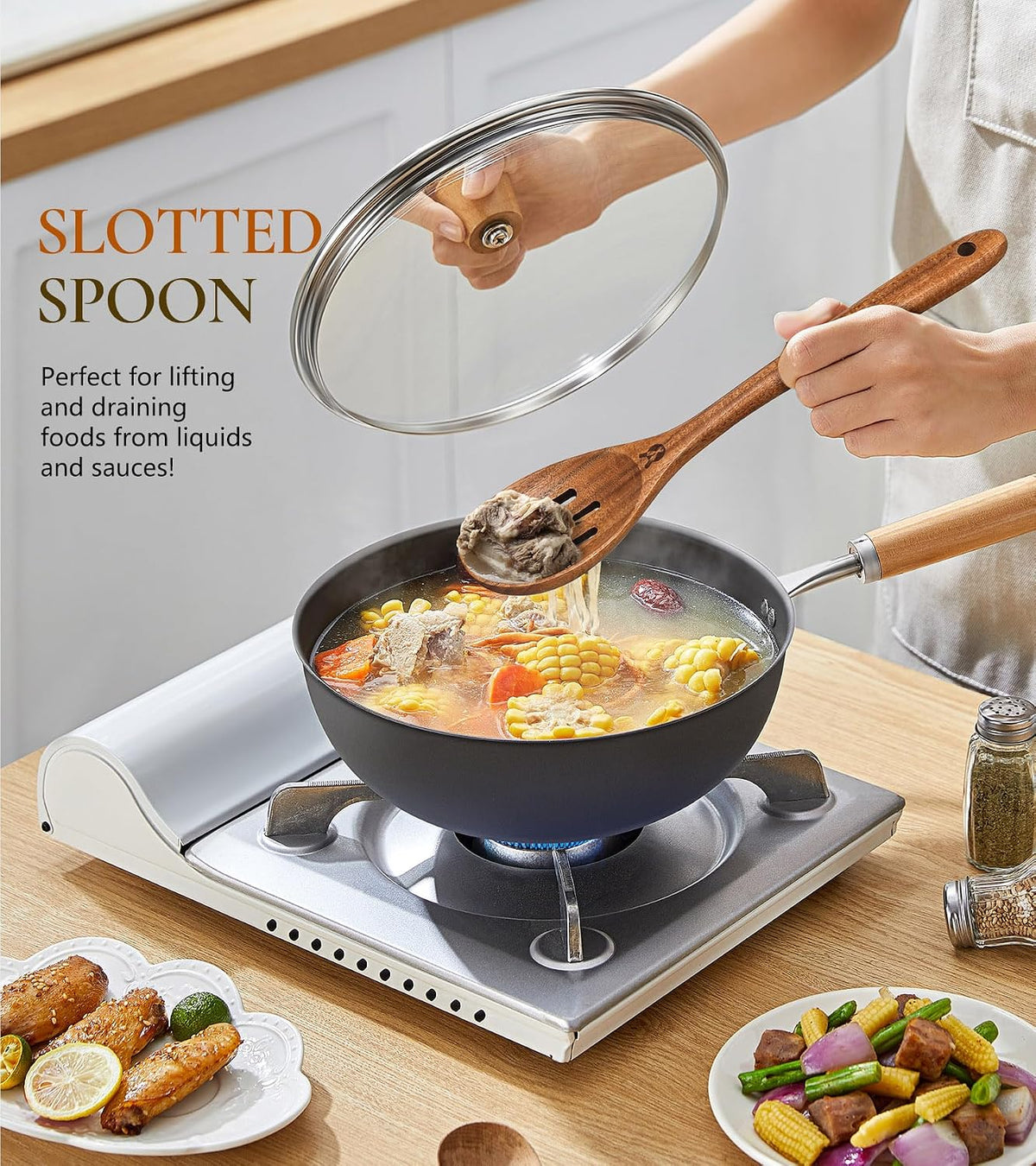 Wooden Slotted Spoons for Cooking, Teak Wooden Kitchen Utensils for Serving