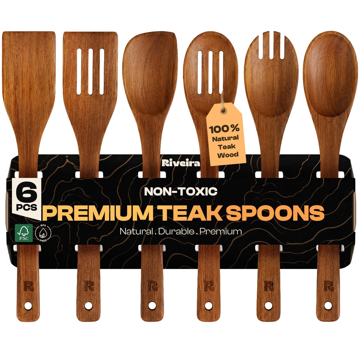 Riveira Dark Bamboo Wooden Spoons for Cooking 6-Piece, Apartment Essentials Wood Spatula Spoon Nonstick Kitchen Utensil Set Premium Quality Housewarming Gifts for Everyday Use