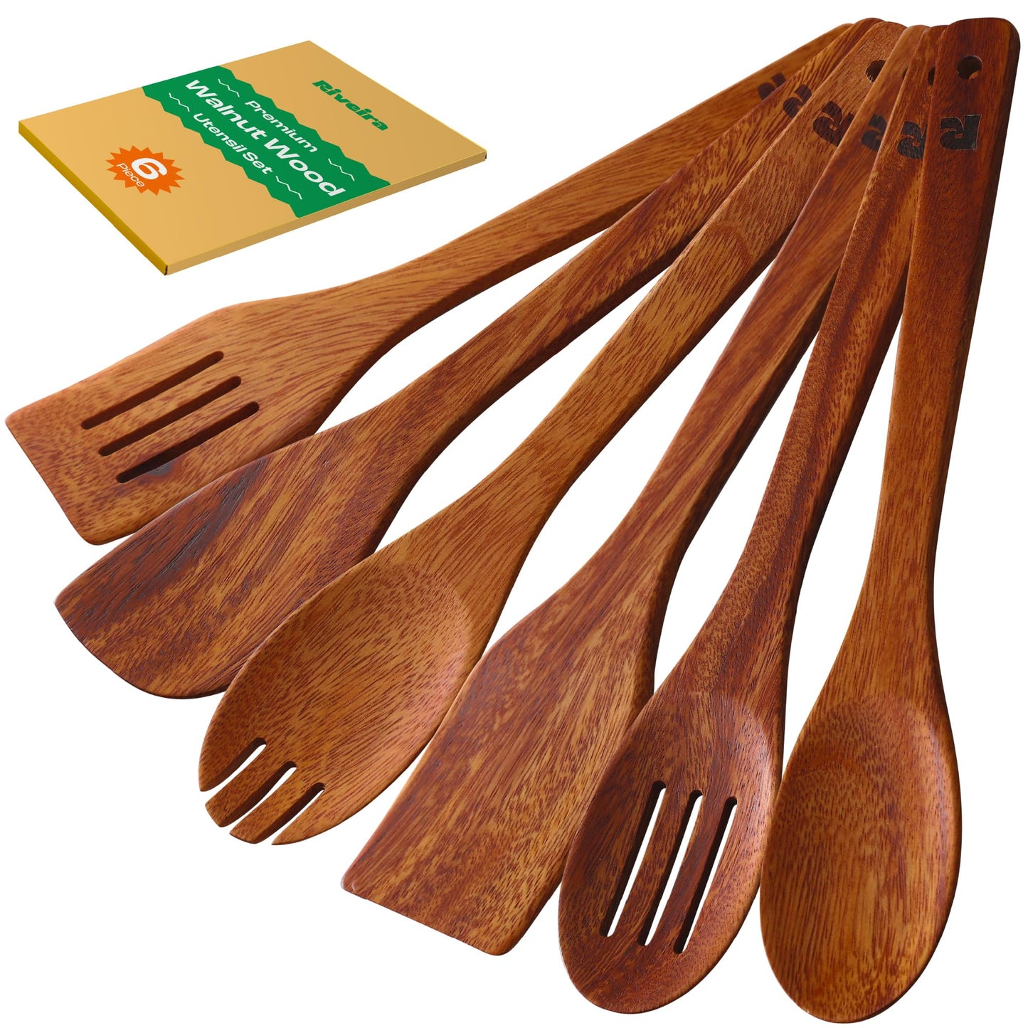 Riveira Dark Bamboo Wooden Spoons for Cooking 6-Piece, Apartment Essentials Wood Spatula Spoon Nonstick Kitchen Utensil Set Premium Quality Housewarming Gifts for Everyday Use