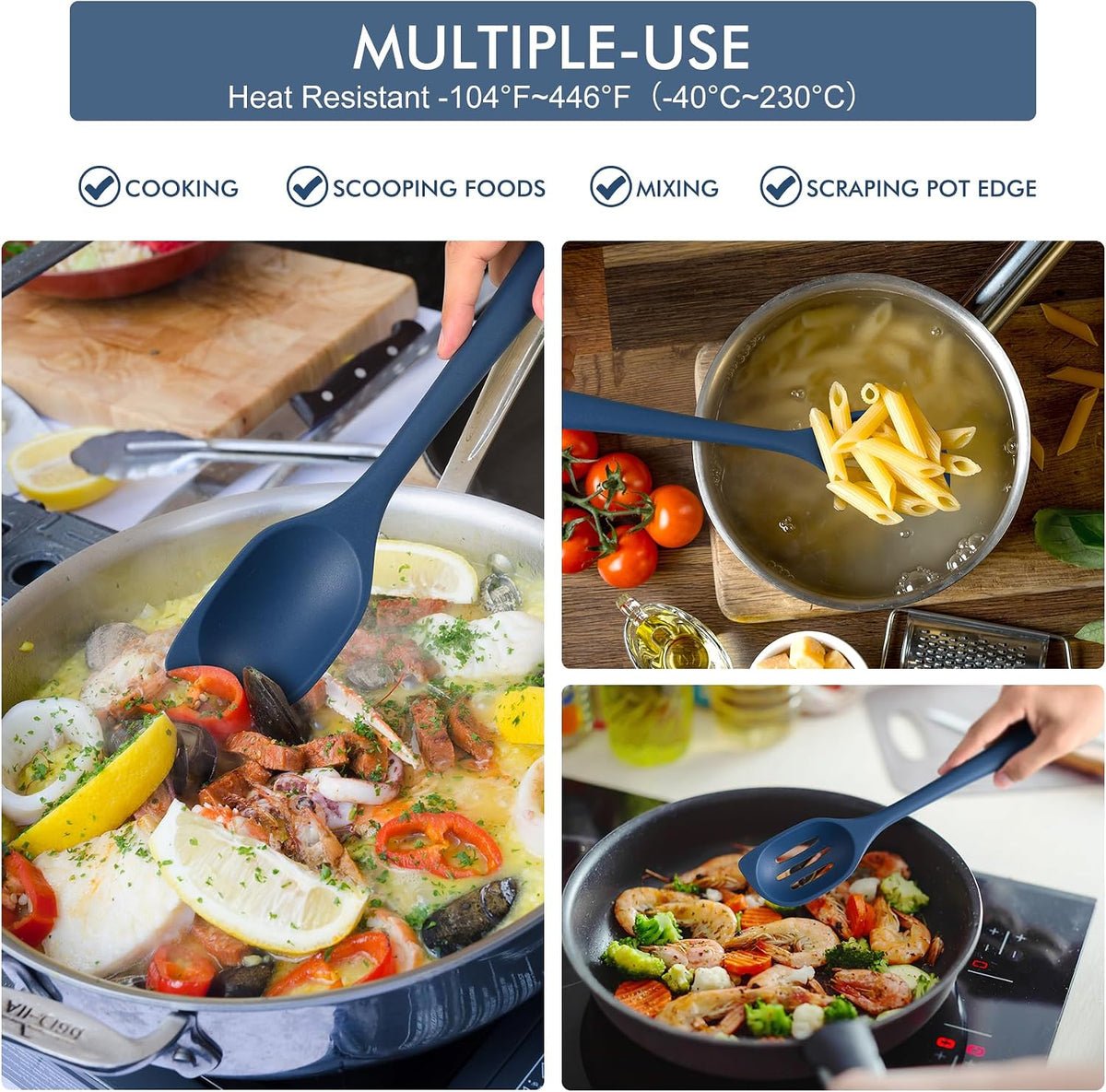 HOTEC 446°F Heat Resistant Silicone Cooking Spoon Spatula, BPA Free Large Kitchen Solid and Slotted Spoons for Mixing, Serving, Scraping, Non-stick, Dishwasher Safe Classic Blue 12.5inch