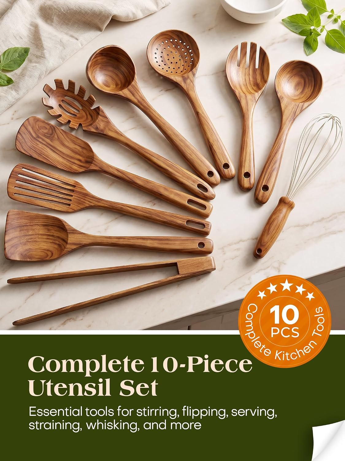 AIUHI 10Pcs Wooden Kitchen Utensils, Teak Wood Utensil Set for Kitchen, Heat-resistant Wooden Spoons for Cooking, Nonstick Wood Spatula Soup Ladle Tong Egg Whisk