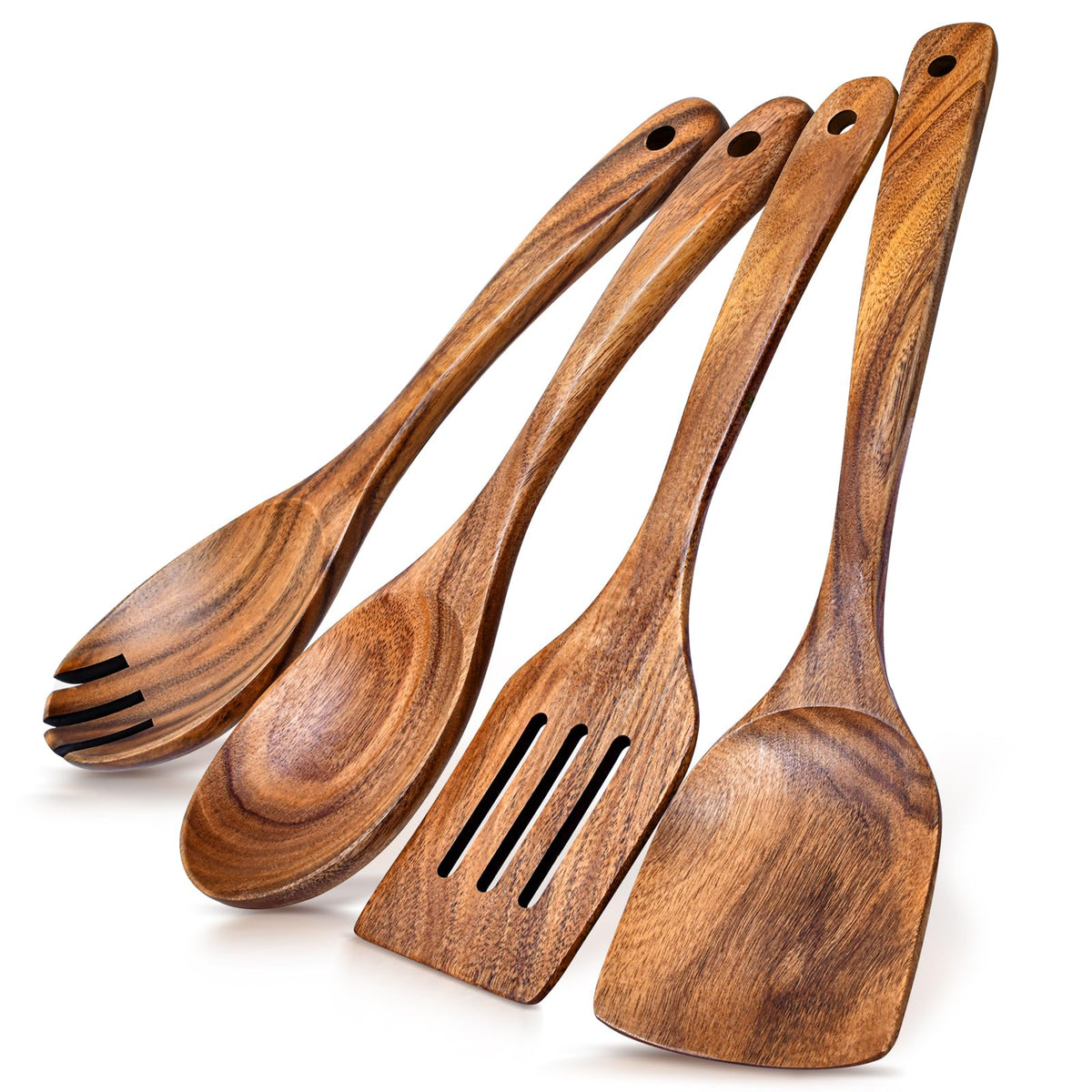 2Pcs Wooden Spatula, Acacia Solid & Slotted Turner Spatula Set, Long Handle Flat Frying Spatulas, Ideal Kitchen Gift for Mother and Grandma, Kitchen Utensils Set for Cooking, Frying, Baking