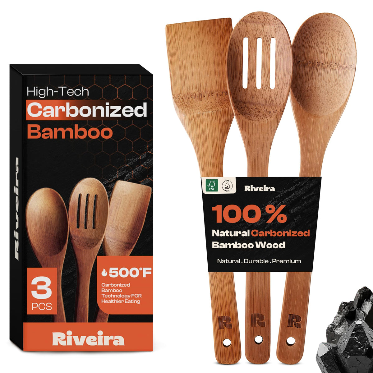 Riveira Dark Bamboo Wooden Spoons for Cooking 6-Piece, Apartment Essentials Wood Spatula Spoon Nonstick Kitchen Utensil Set Premium Quality Housewarming Gifts for Everyday Use