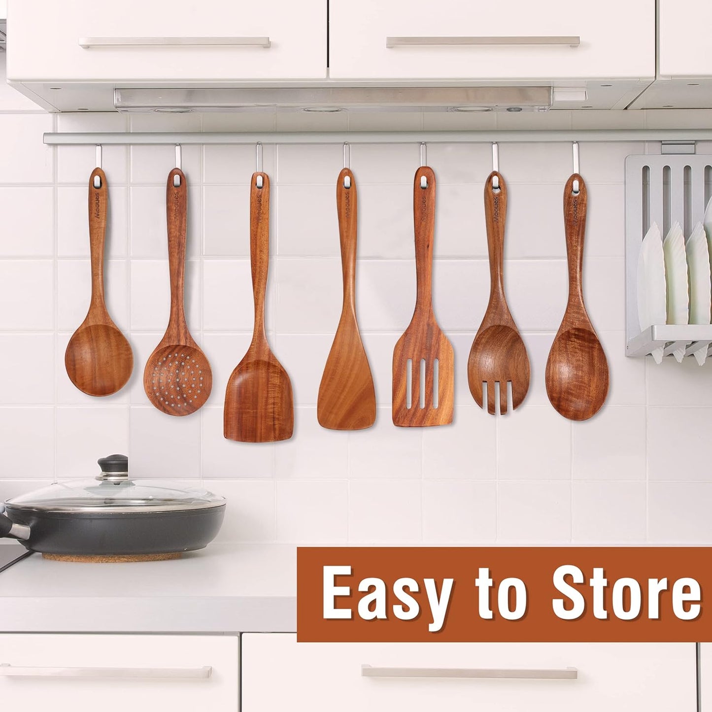 Mooues Wooden Kitchen Utensil Set, 9 Piece Natural Teak with Spoon Rest