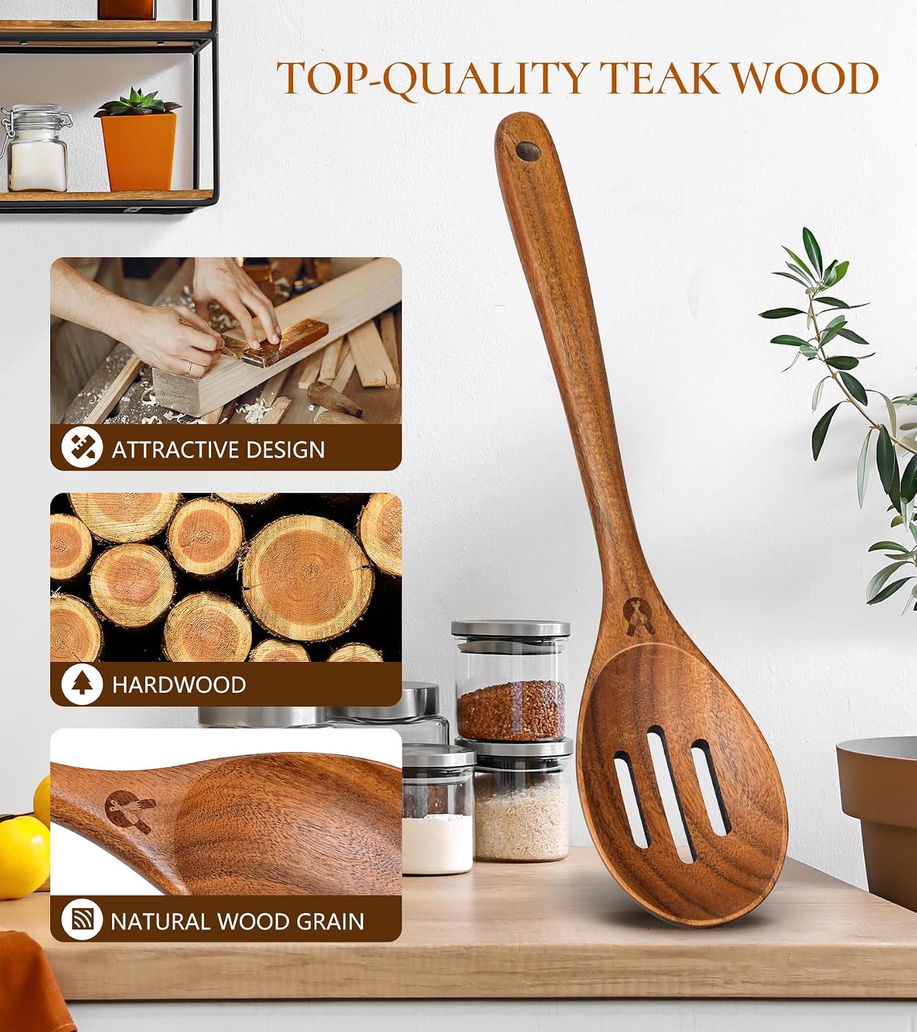 Wooden Slotted Spoons for Cooking, Teak Wooden Kitchen Utensils for Serving