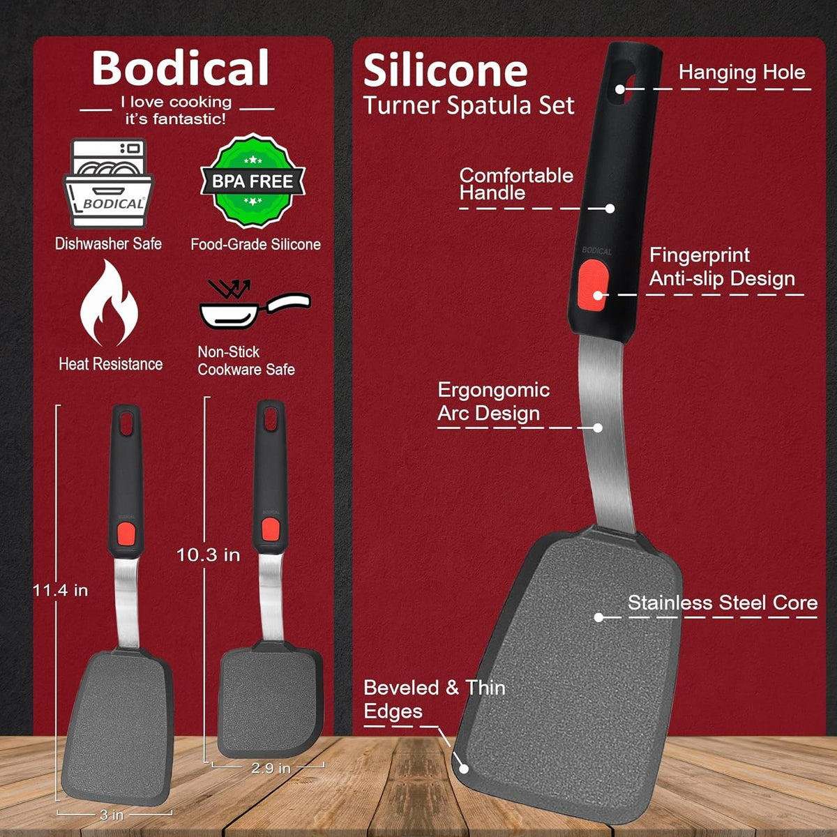 2 Pack Silicone Spatula Turner, 600°F Heat Resistant Kitchen Spatula Set for Nonstick Cookware, Cooking Utensil Set for Egg Pancake Flipper/Heat Resistant Silicone Grip