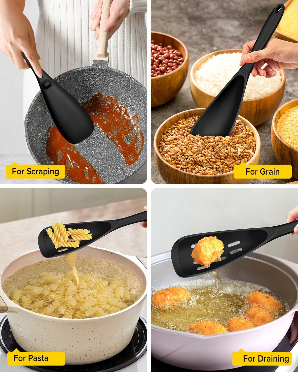 Pack of 2 Cooking Spoons for Non Stick Cookware, Multifunction Spatula Spoon BPA-Free, One-Piece Design, Suitable for Scooping, Scraping, Serving and Mixing(BLACK)