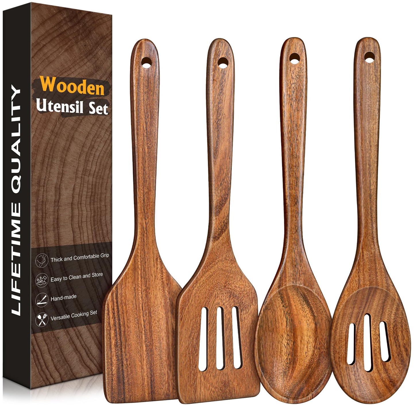 2Pcs Wooden Spatula, Acacia Solid & Slotted Turner Spatula Set, Long Handle Flat Frying Spatulas, Ideal Kitchen Gift for Mother and Grandma, Kitchen Utensils Set for Cooking, Frying, Baking
