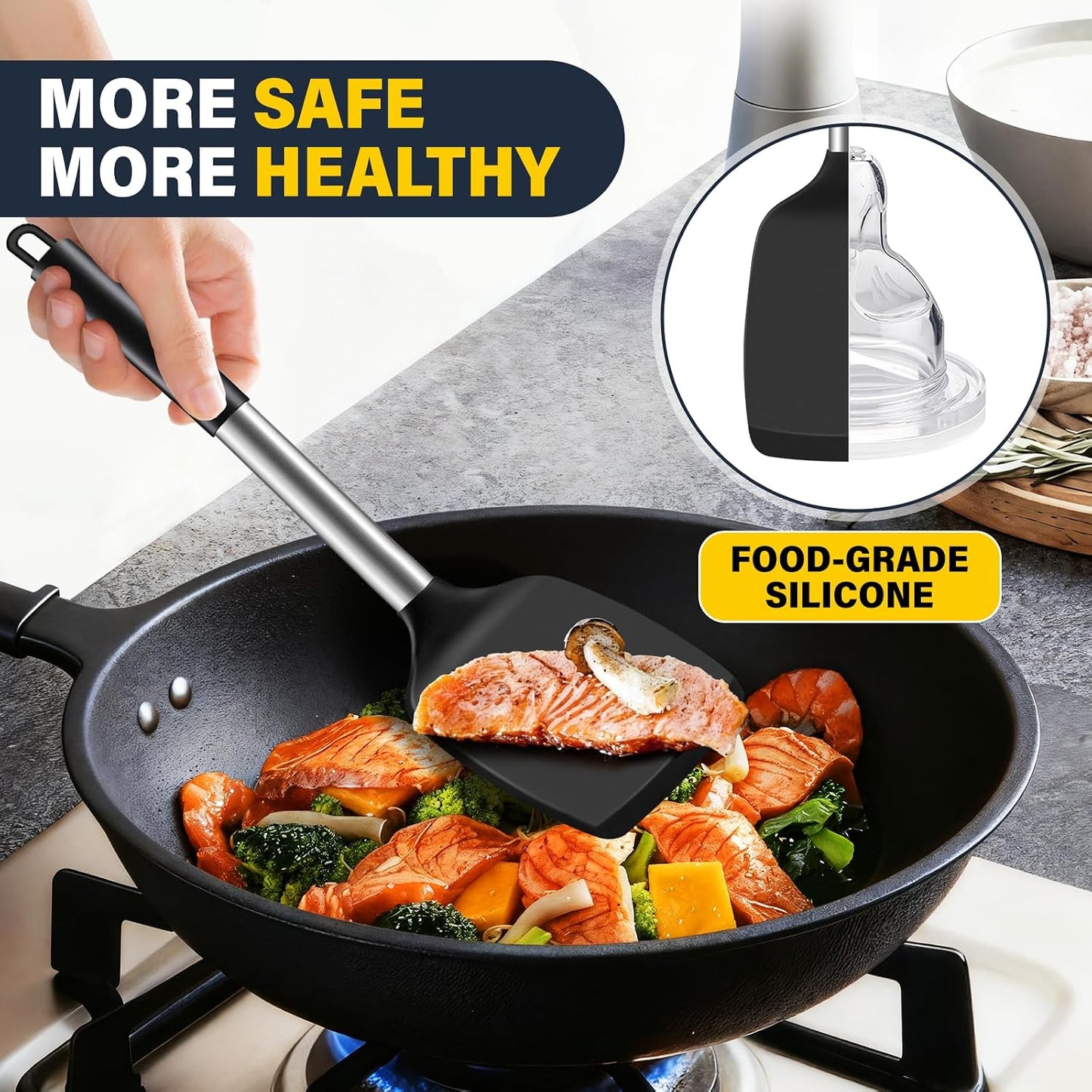2 Pack Silicone Spatula Set, Solid & Slotted Turner for Non-Stick Pans, High Heat Resistant Silicone Spatula for Cooking, BPA-Free Stainless Steel Cooking Utensils for Fish, Eggs, Pancakes, Black