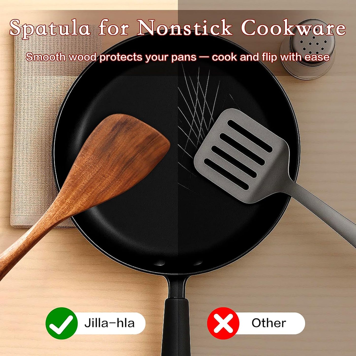 Jilla-hla Wooden Spatula Nonstick Turner Acacia Wood, Right Long Handle Flat Frying Spatulas Handmade for Mother Wife Grandma Her Kitchen Gift, Ideal Cookware Utensils for Cooking Eggs, Fish, Pancakes