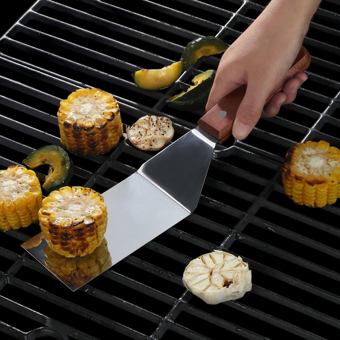 New Star Foodservice 12.5 Inch Grill Turner, Commercial Restaurant Grade Stainless Steel Spatula with Wood Handle for Griddle, Flat Top, and Grill