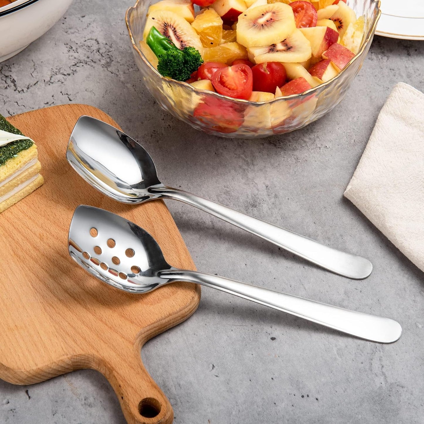 IMEEA 8-Inch Compact Flat Bottom Scraping Cooking Spoon Set of 2, 18/8 Stainless Steel Slotted & Solid Stirring Spoon, Small Kitchen Spoon for Sauces, Eggs, Instant Pot, Small Pan & Bowl