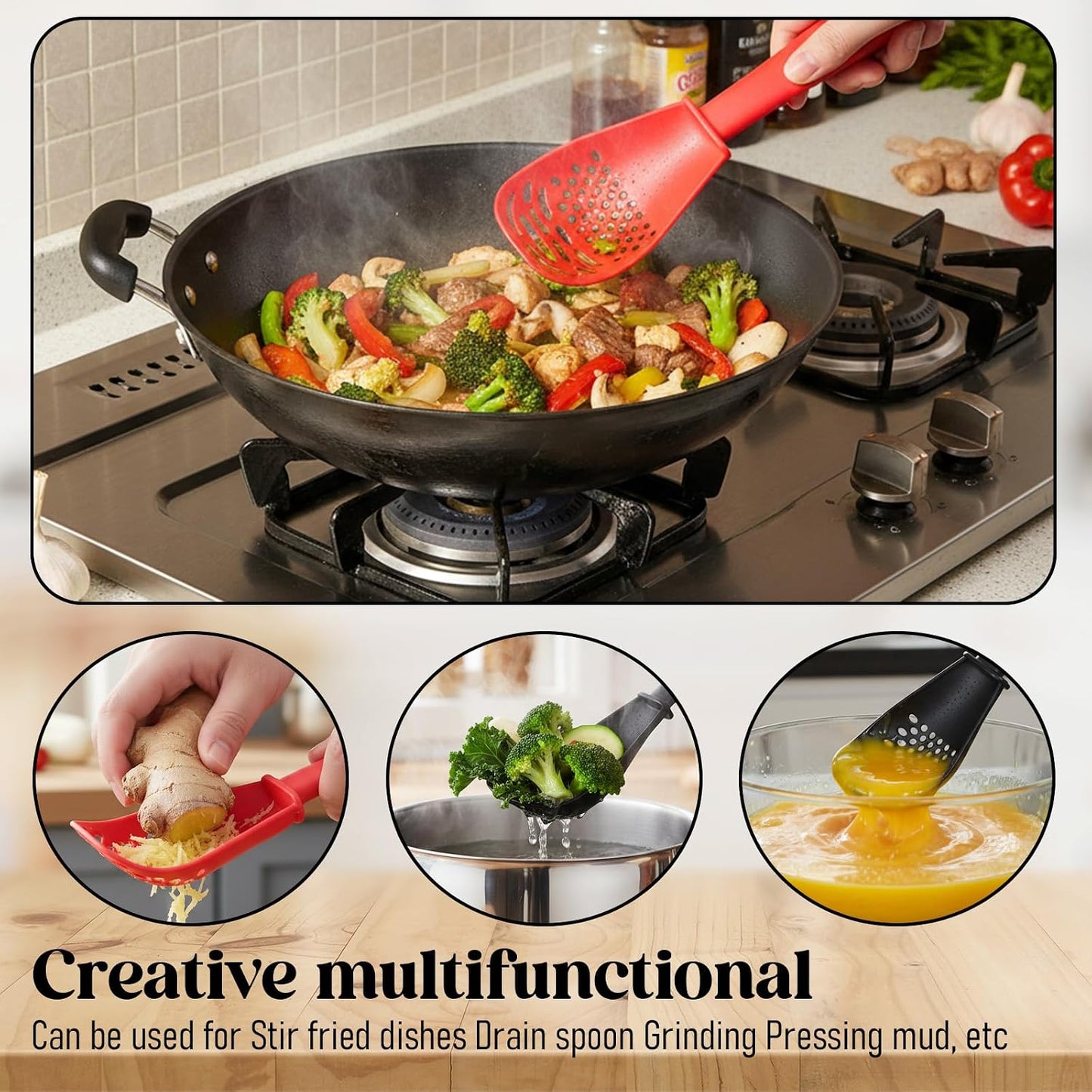 2 Pcs 6-in-1 Multifunctional Kitchen Cooking Spoon Heat Resistant Kitchen Utensils Slotted Spoon Tool for Cooking Mashing Draining Grating Separating