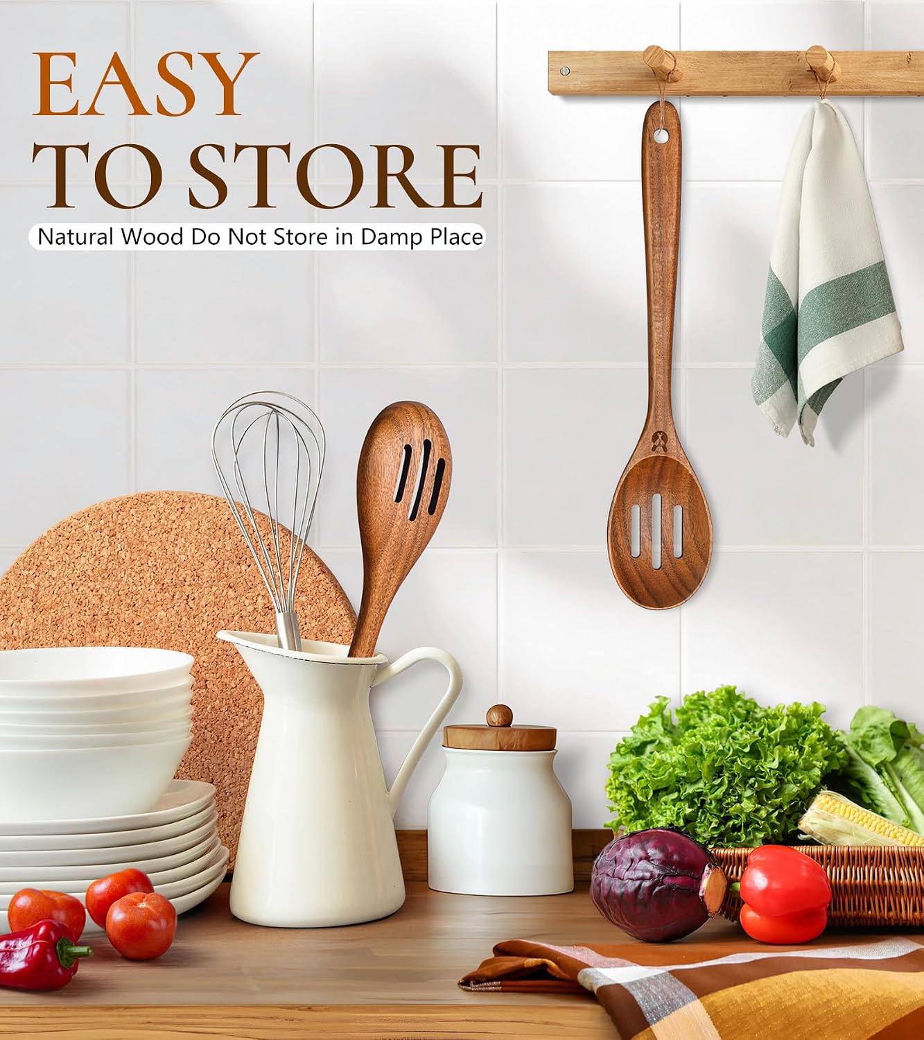 Wooden Slotted Spoons for Cooking, Teak Wooden Kitchen Utensils for Serving