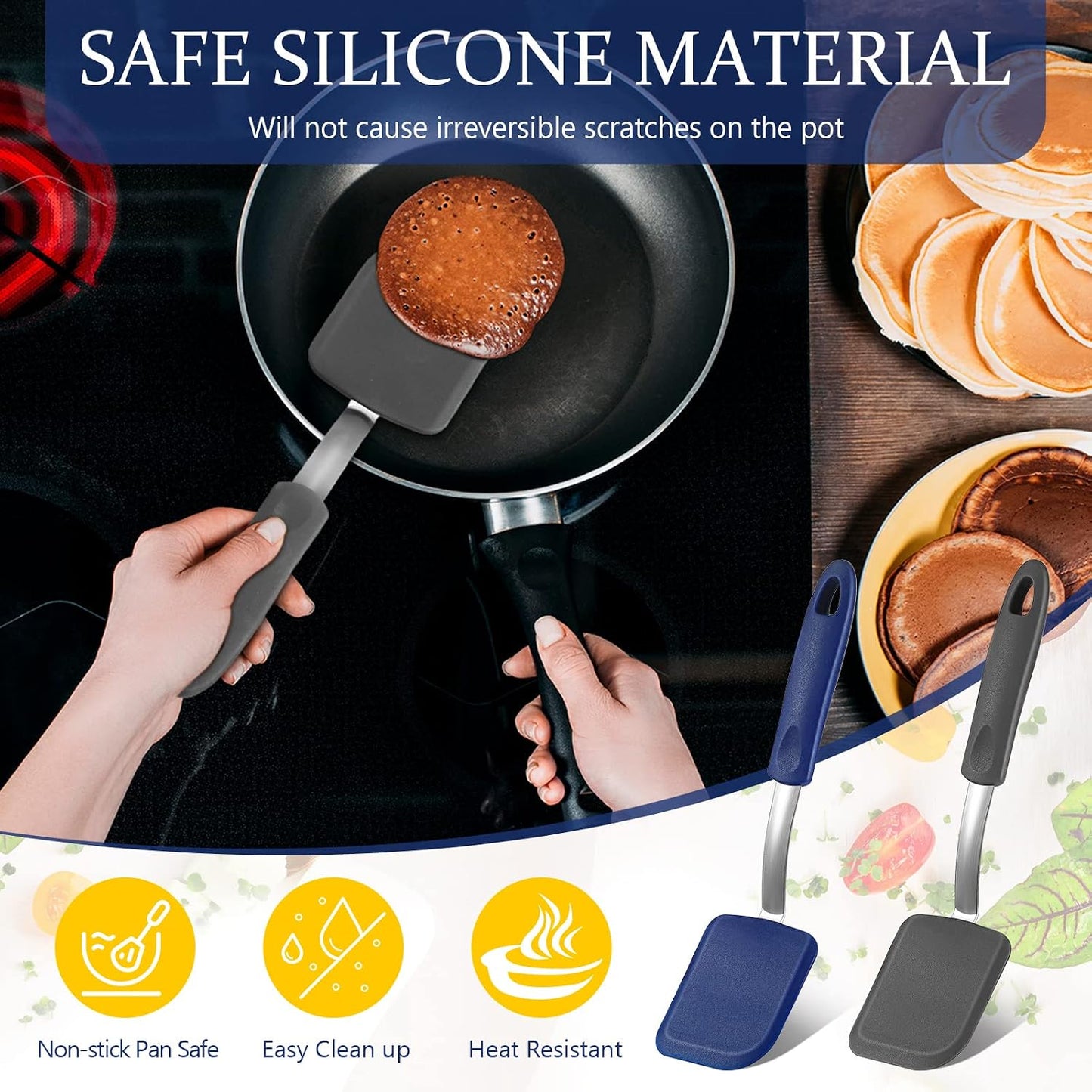 2 Pcs Mini Silicone Cookie Brownie Spatula,Solid Flat,Gray, Blue