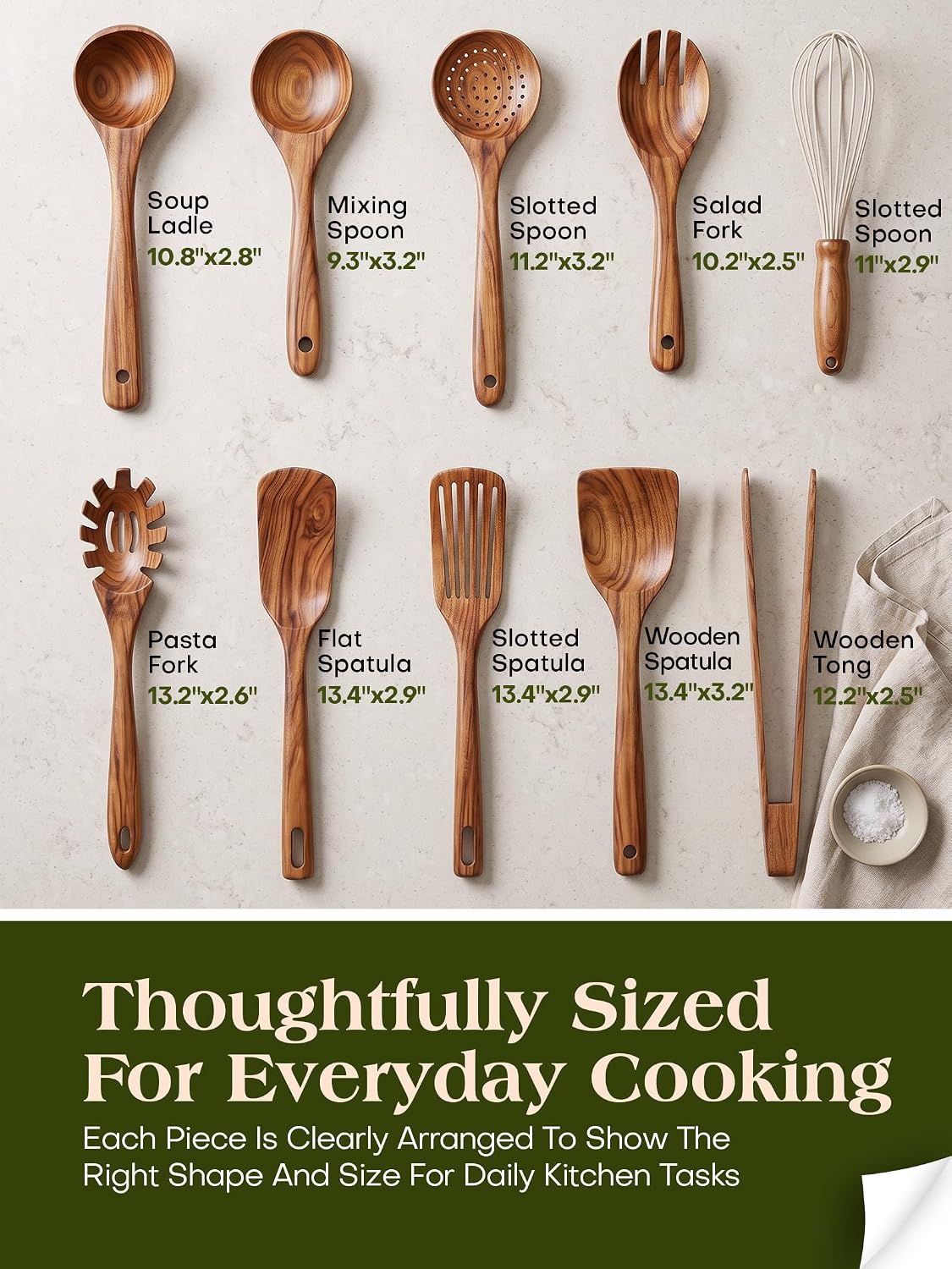 AIUHI 10Pcs Wooden Kitchen Utensils, Teak Wood Utensil Set for Kitchen, Heat-resistant Wooden Spoons for Cooking, Nonstick Wood Spatula Soup Ladle Tong Egg Whisk
