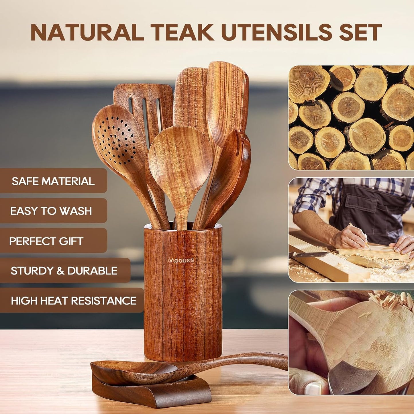 Mooues Wooden Kitchen Utensil Set, 9 Piece Natural Teak with Spoon Rest