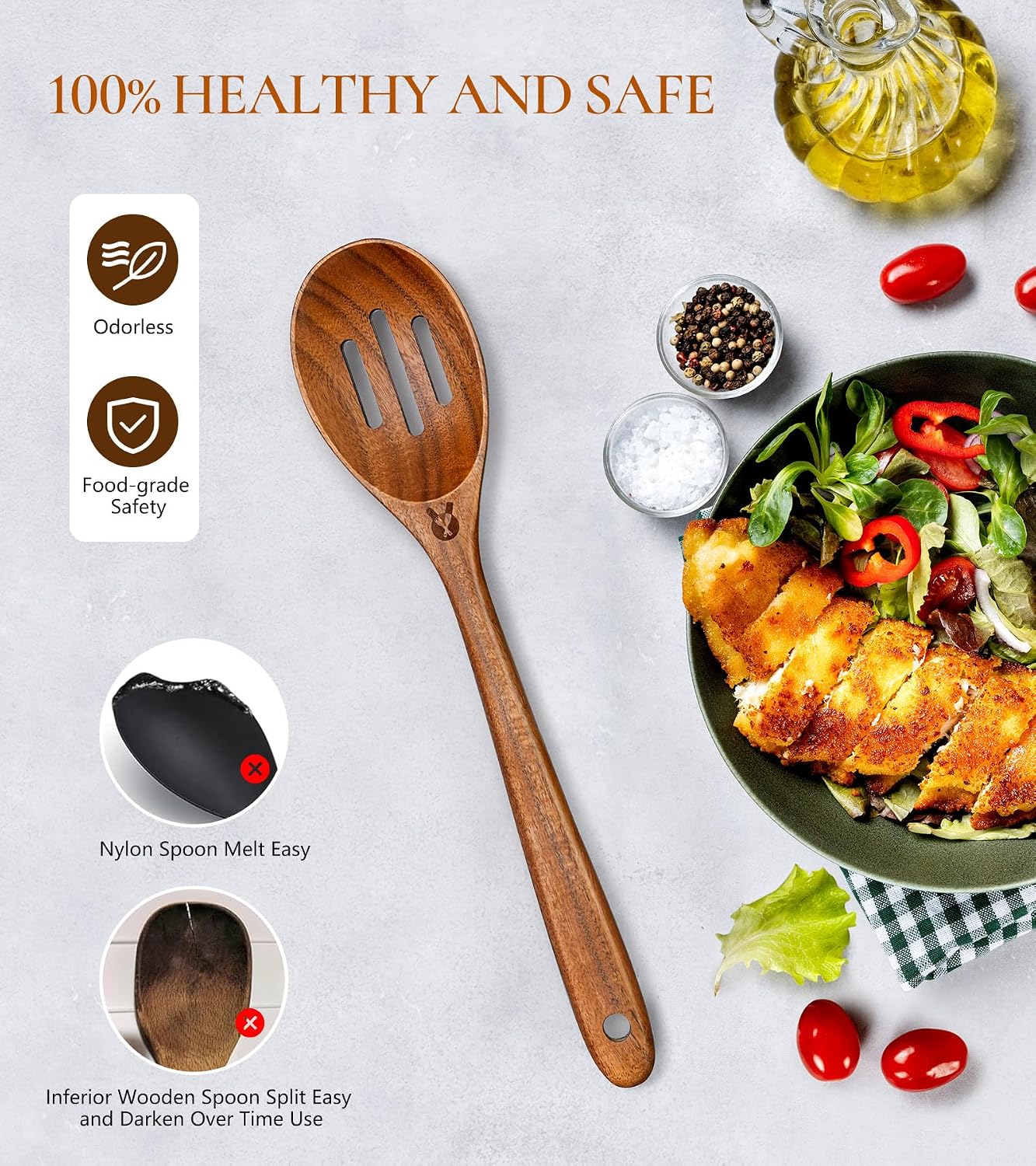 Wooden Slotted Spoons for Cooking, Teak Wooden Kitchen Utensils for Serving