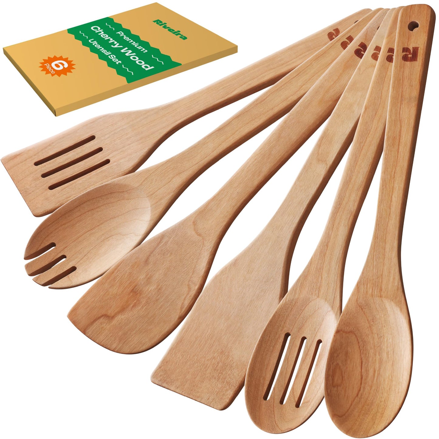 Riveira Dark Bamboo Wooden Spoons for Cooking 6-Piece, Apartment Essentials Wood Spatula Spoon Nonstick Kitchen Utensil Set Premium Quality Housewarming Gifts for Everyday Use