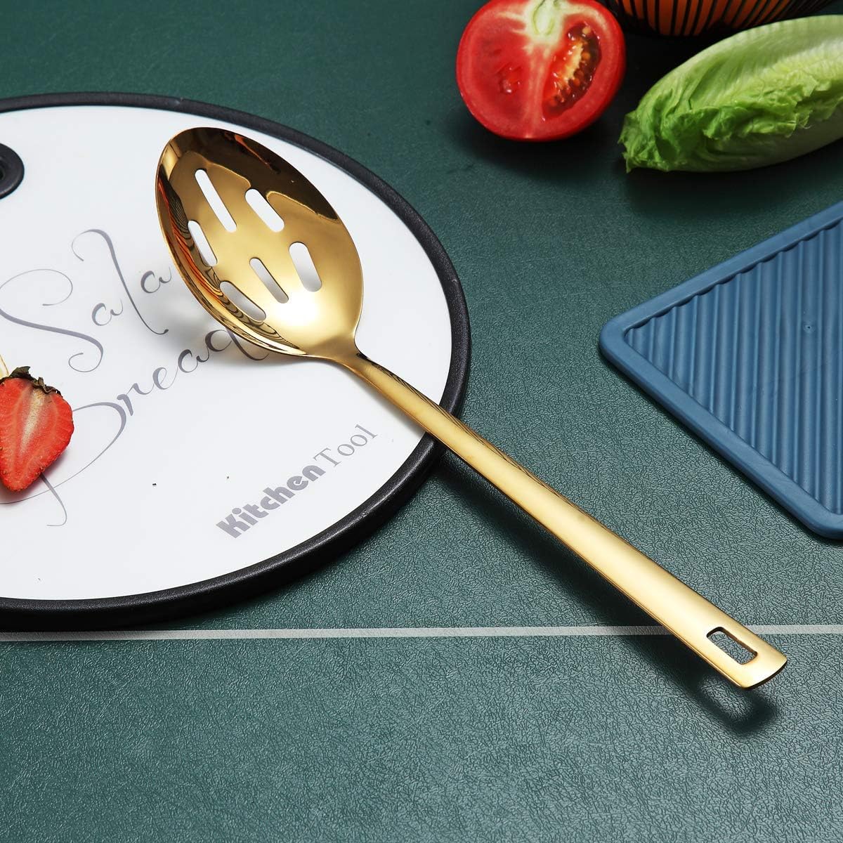 Gold Cooking Spoon, Berglander Stainless Steel Slotted Spoon Titanium Gold Plating, Kitchen Serving Basting Spoon For Cooking, Dishwasher Safe, Easy to Clean