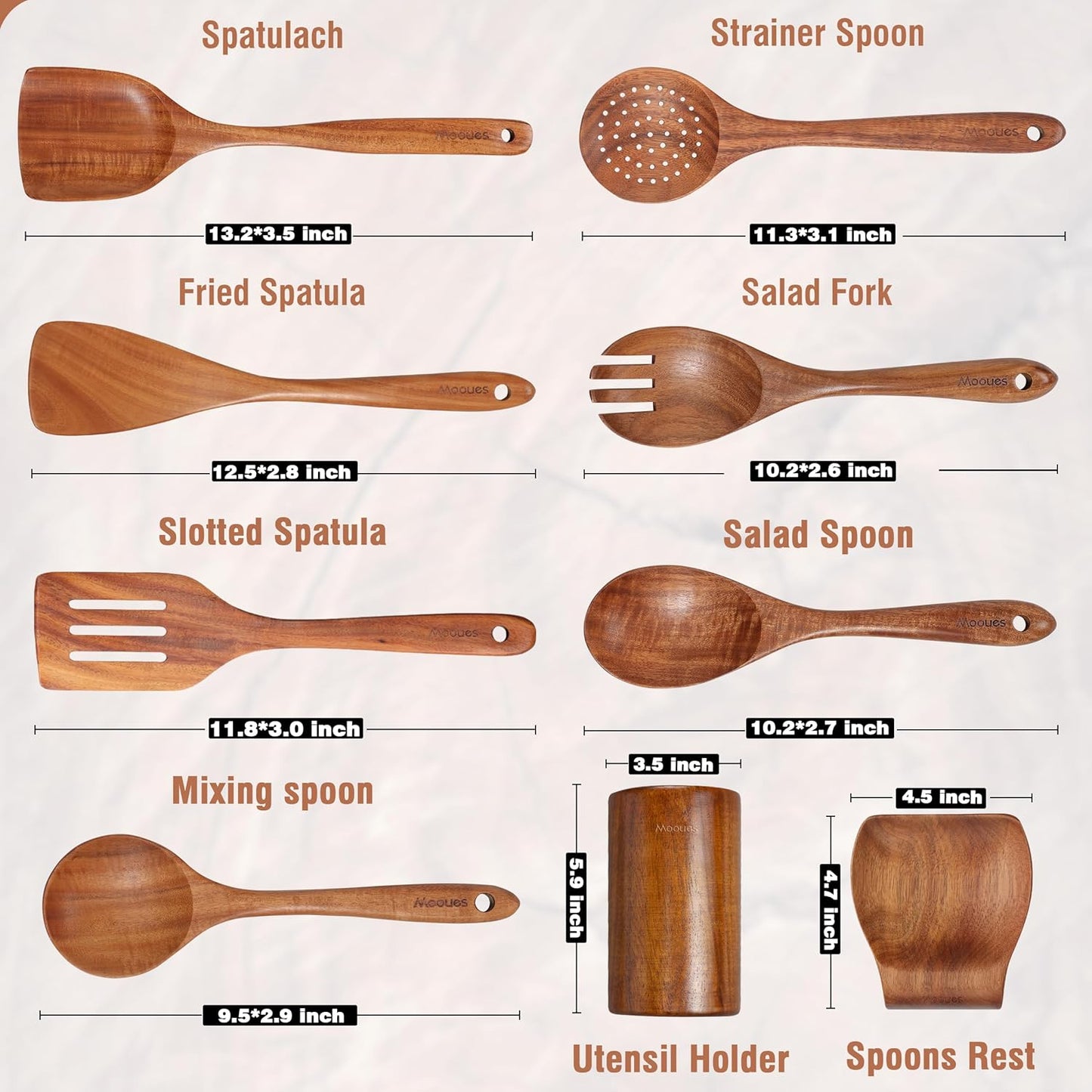 Mooues Wooden Kitchen Utensil Set, 9 Piece Natural Teak with Spoon Rest