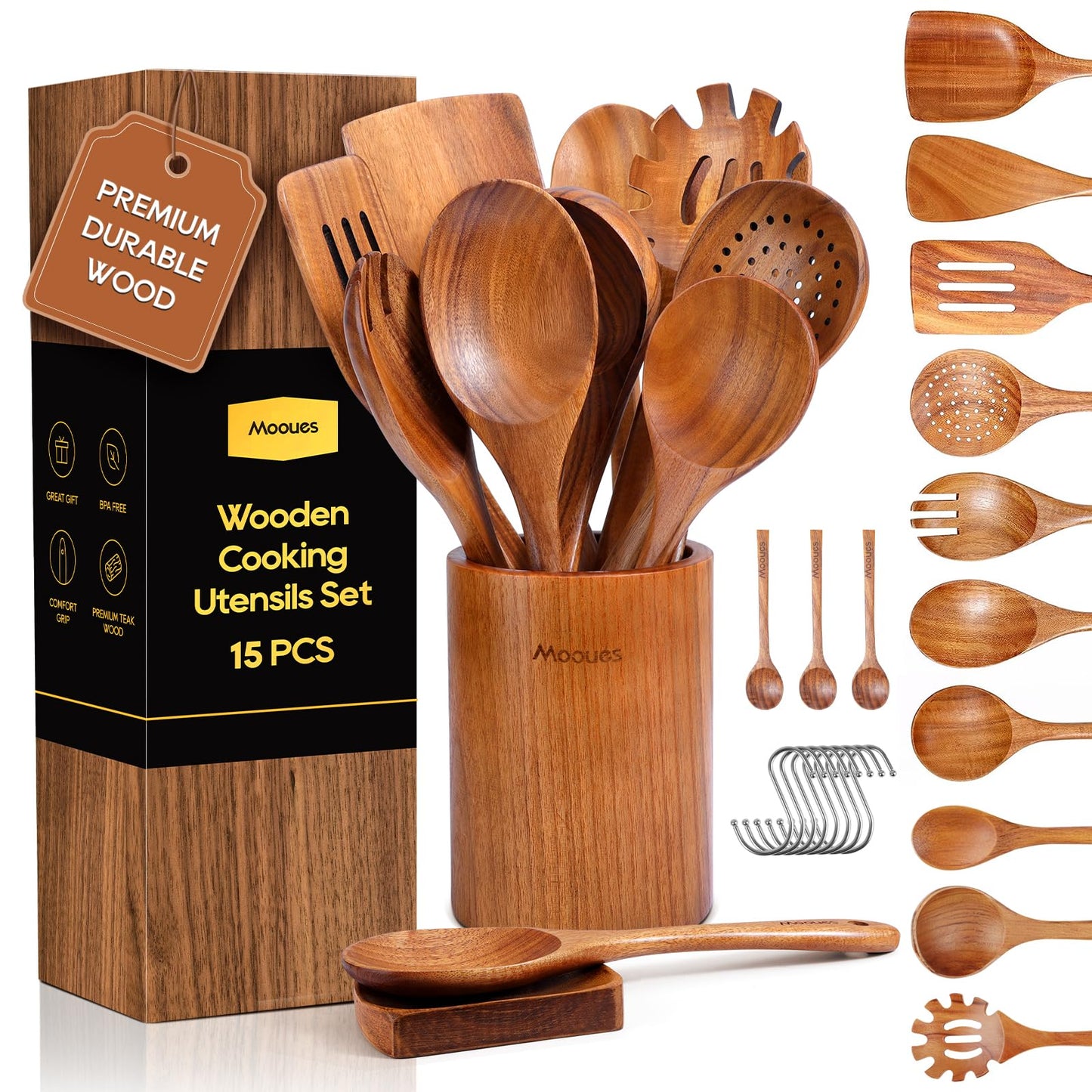 Mooues Wooden Kitchen Utensil Set, 9 Piece Natural Teak with Spoon Rest
