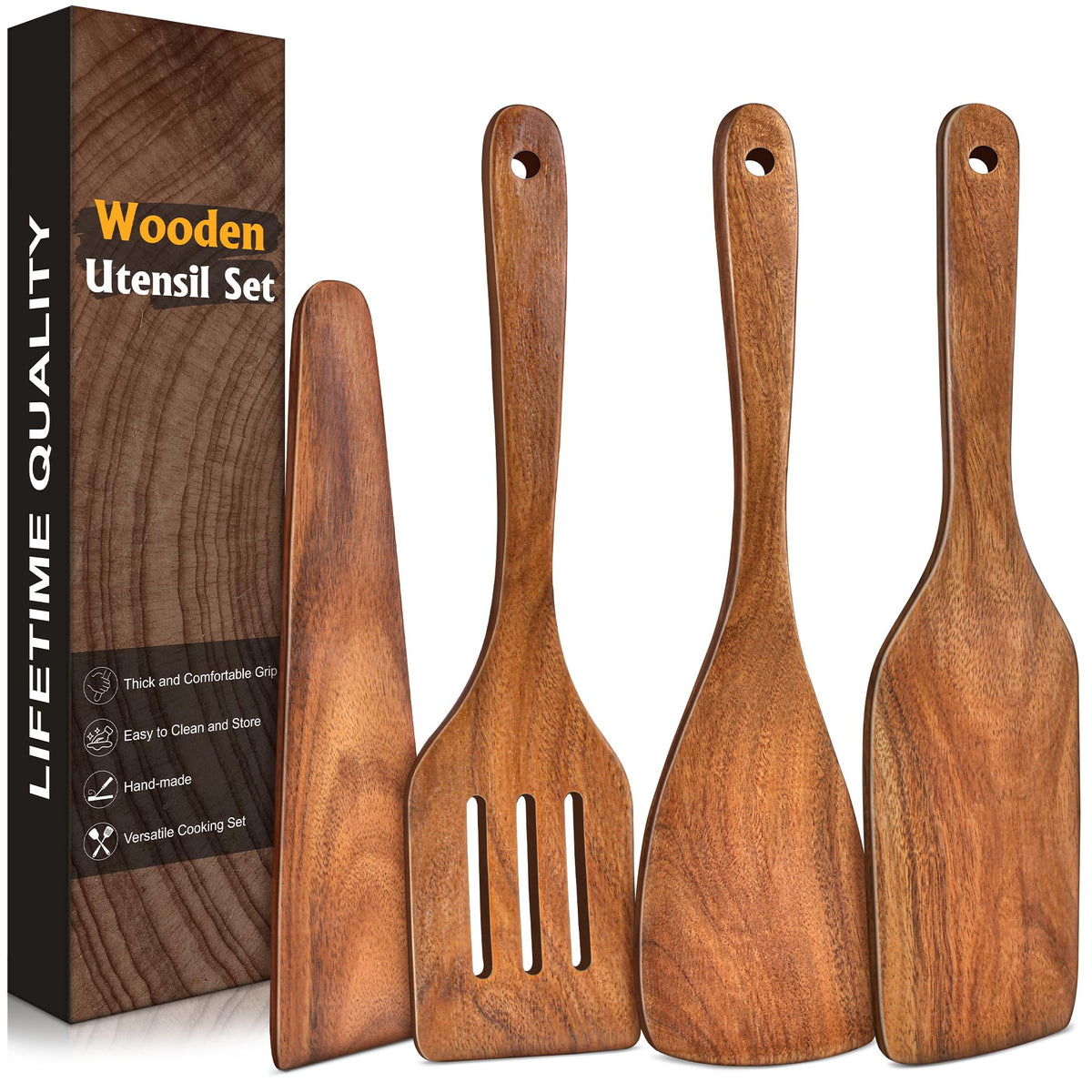 2Pcs Wooden Spatula, Acacia Solid & Slotted Turner Spatula Set, Long Handle Flat Frying Spatulas, Ideal Kitchen Gift for Mother and Grandma, Kitchen Utensils Set for Cooking, Frying, Baking